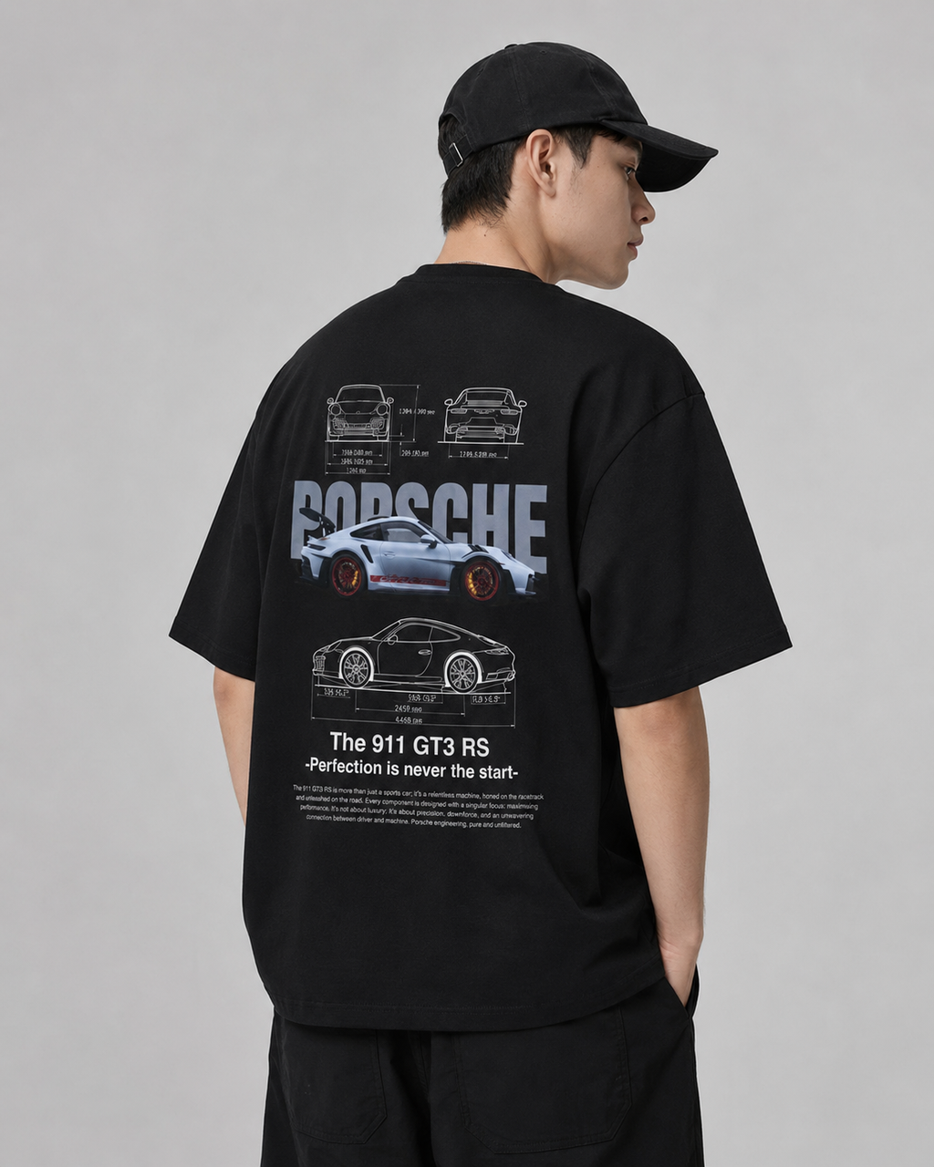 “911 GT3 RS” Automotive Blueprint Back-Print Oversized Tee – Black