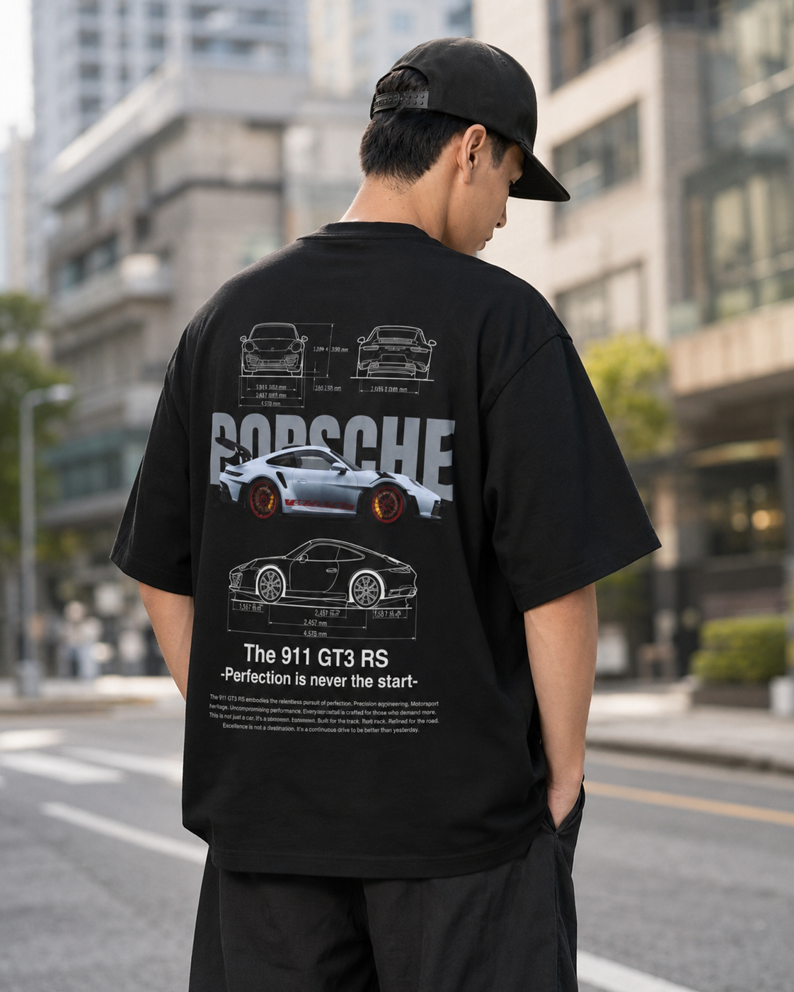 “911 GT3 RS” Automotive Blueprint Back-Print Oversized Tee – Black