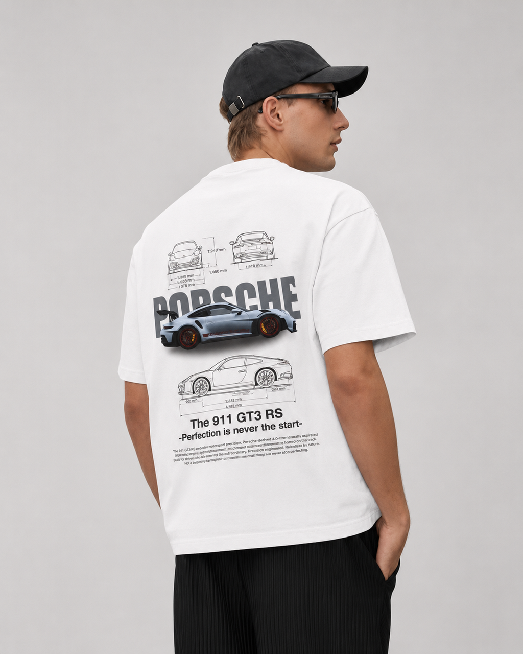 “911 GT3 RS” Automotive Blueprint Back-Print Oversized Tee – Black