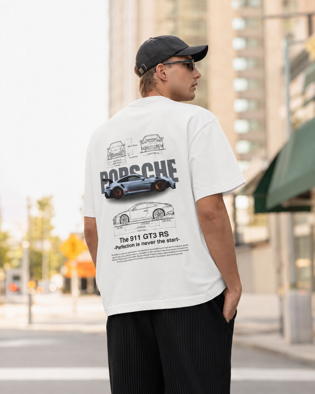 “911 GT3 RS” Automotive Blueprint Back-Print Oversized Tee – Black