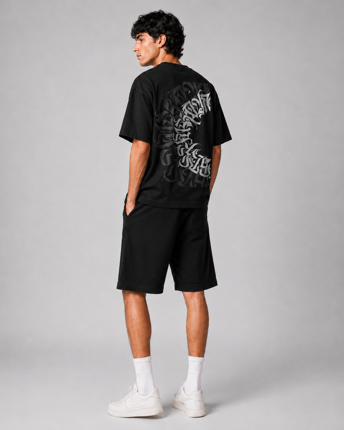 "Calligraphy" Crescent Back-Print Oversized Tee