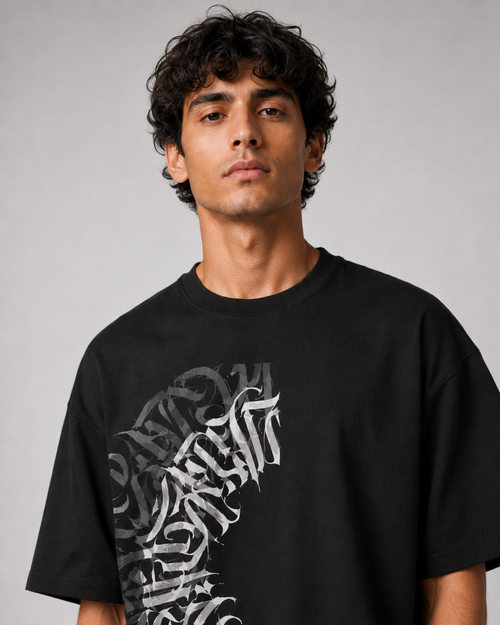 "Calligraphy" Crescent Back-Print Oversized Tee