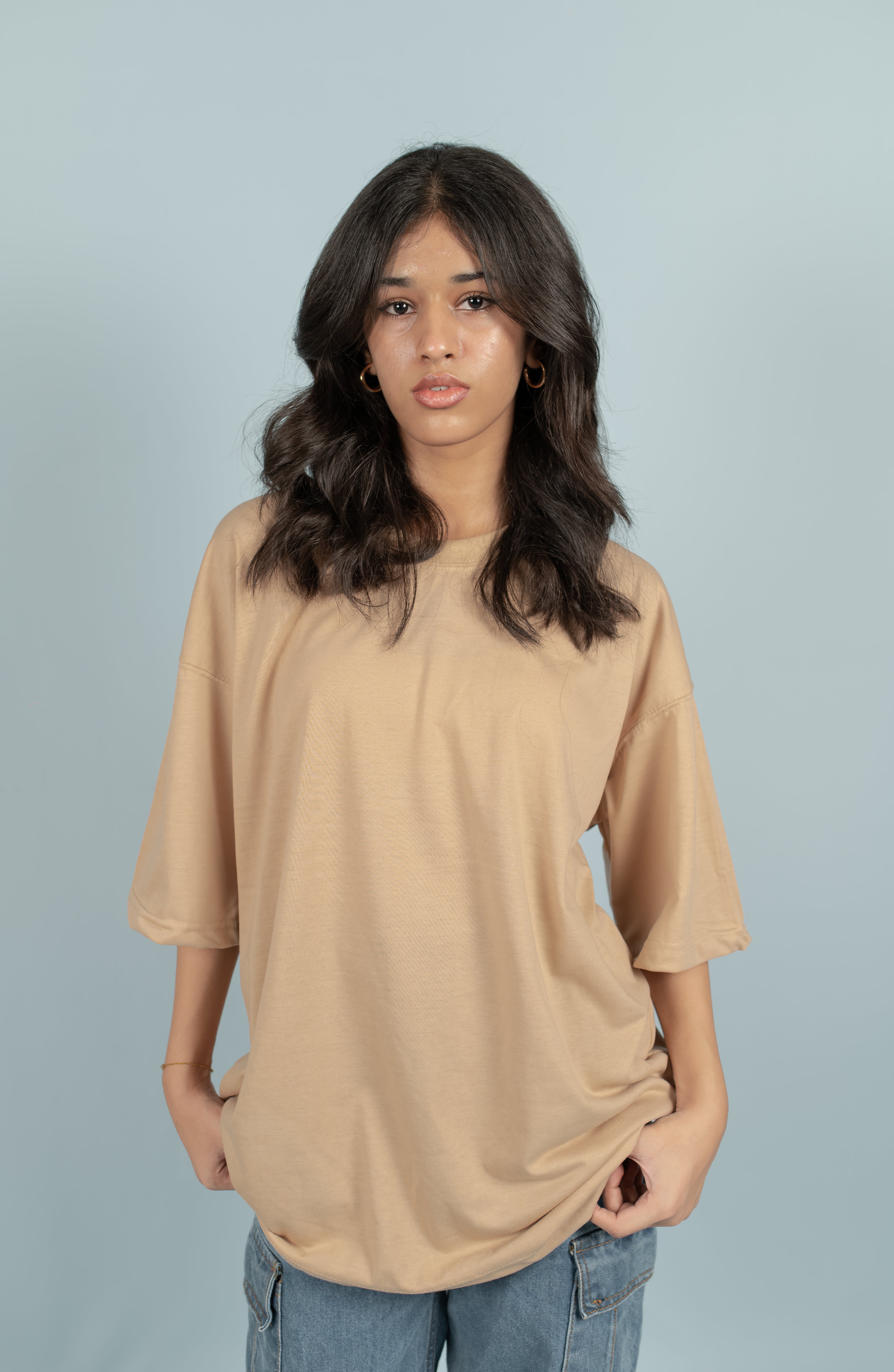 Unisex Beige Drop-Shoulder Cotton Tee