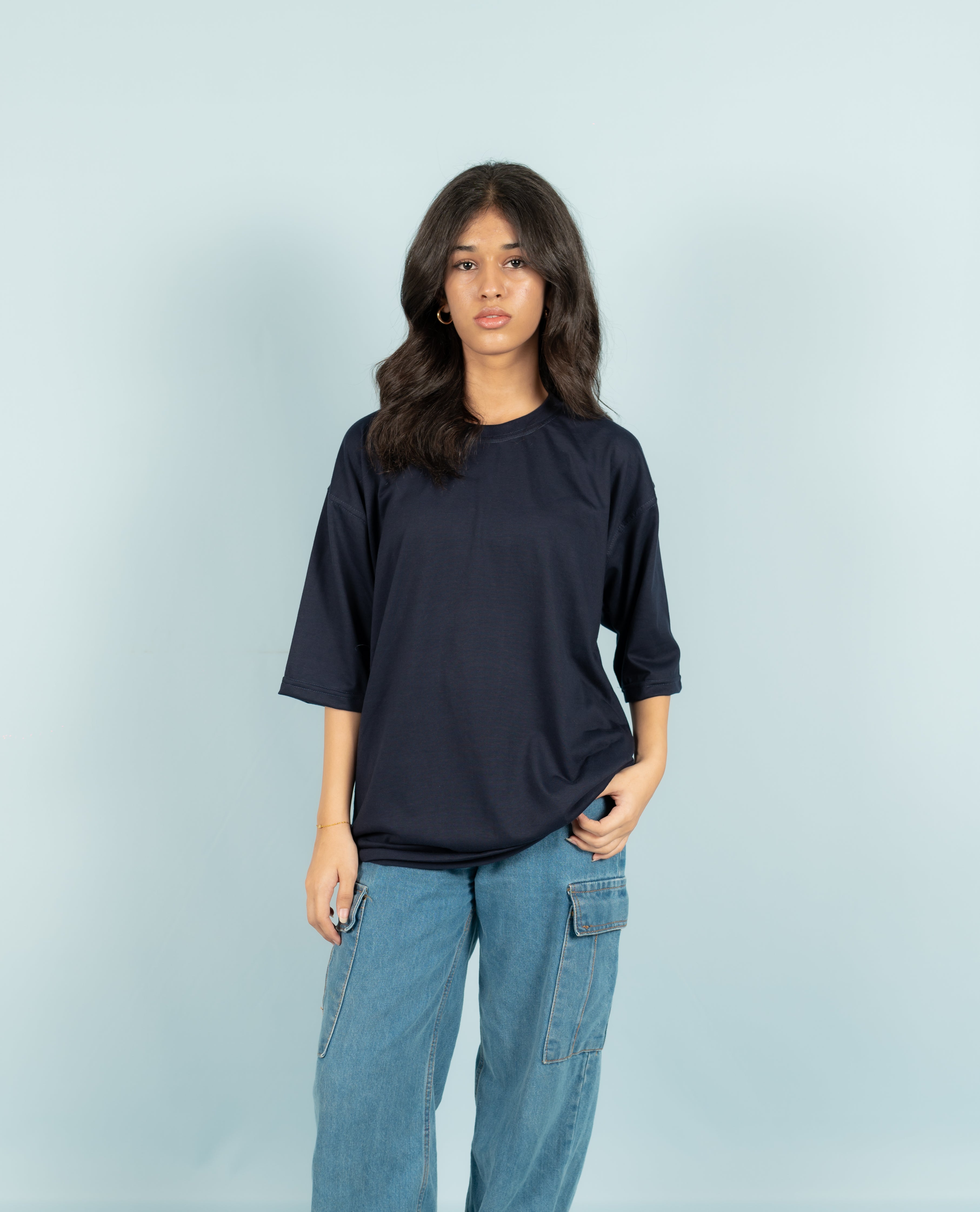 Unisex Navy Blue Drop-Shoulder Cotton Tee