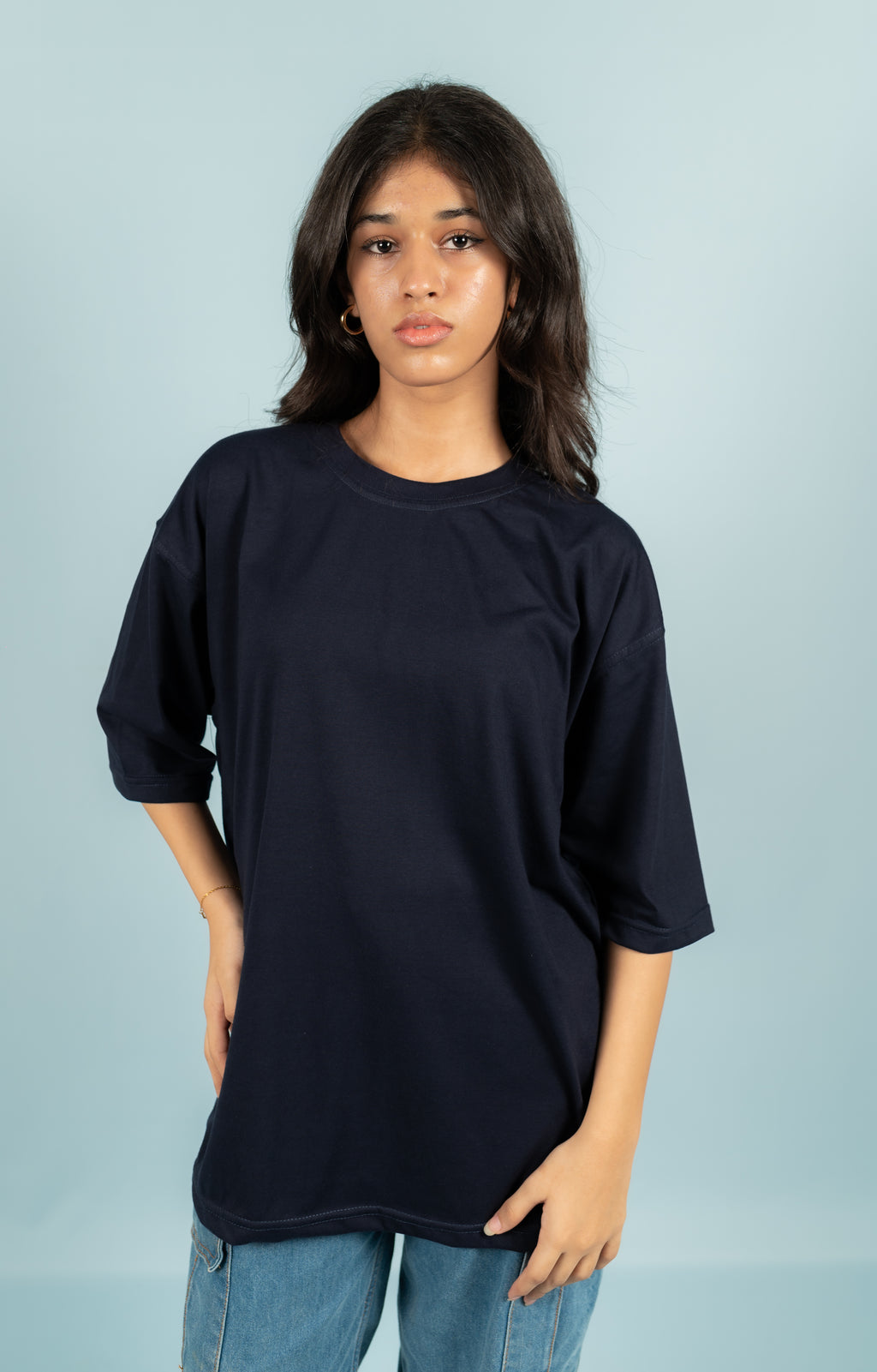 Unisex Navy Blue Drop-Shoulder Cotton Tee