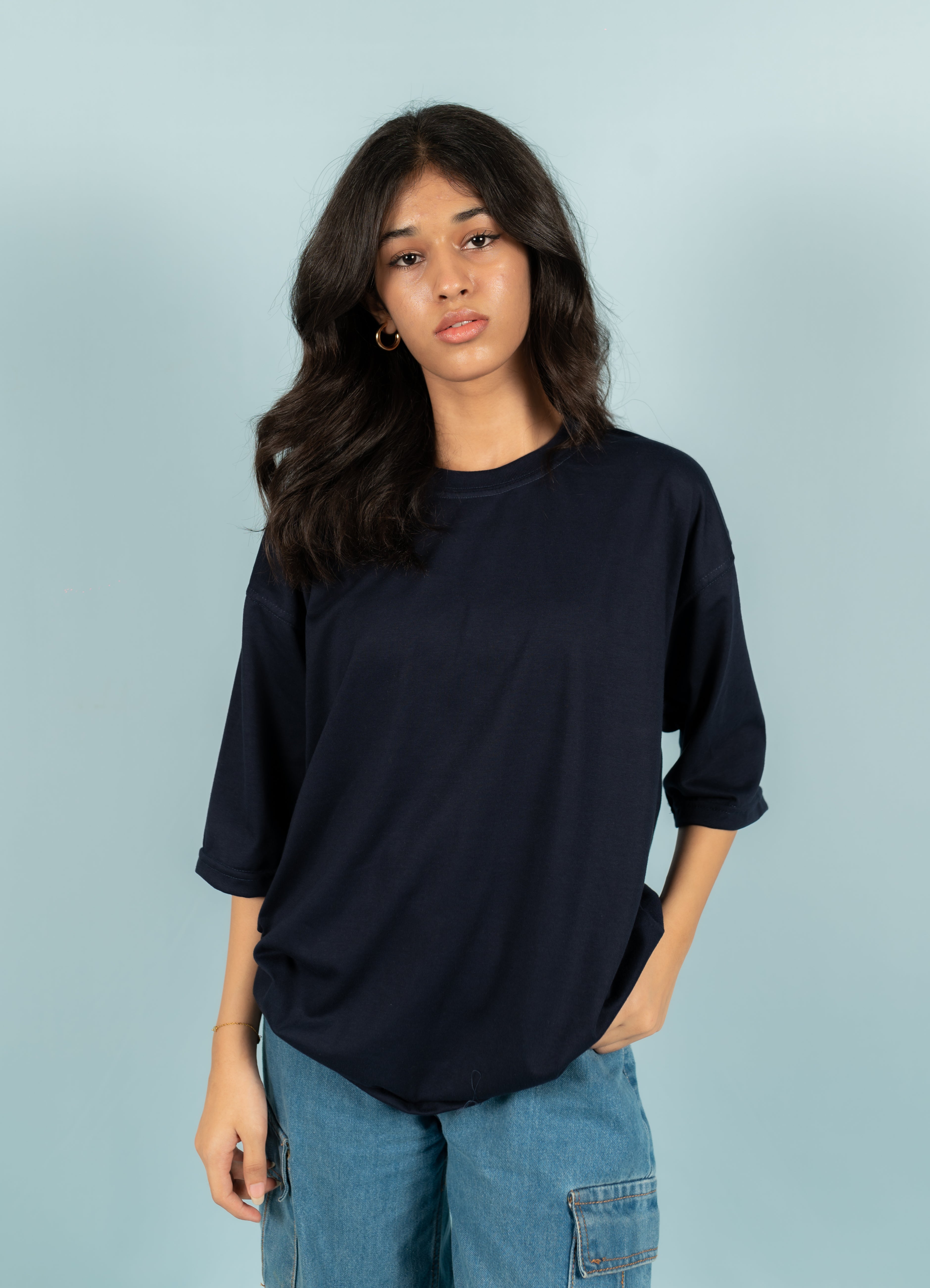 Unisex Navy Blue Drop-Shoulder Cotton Tee