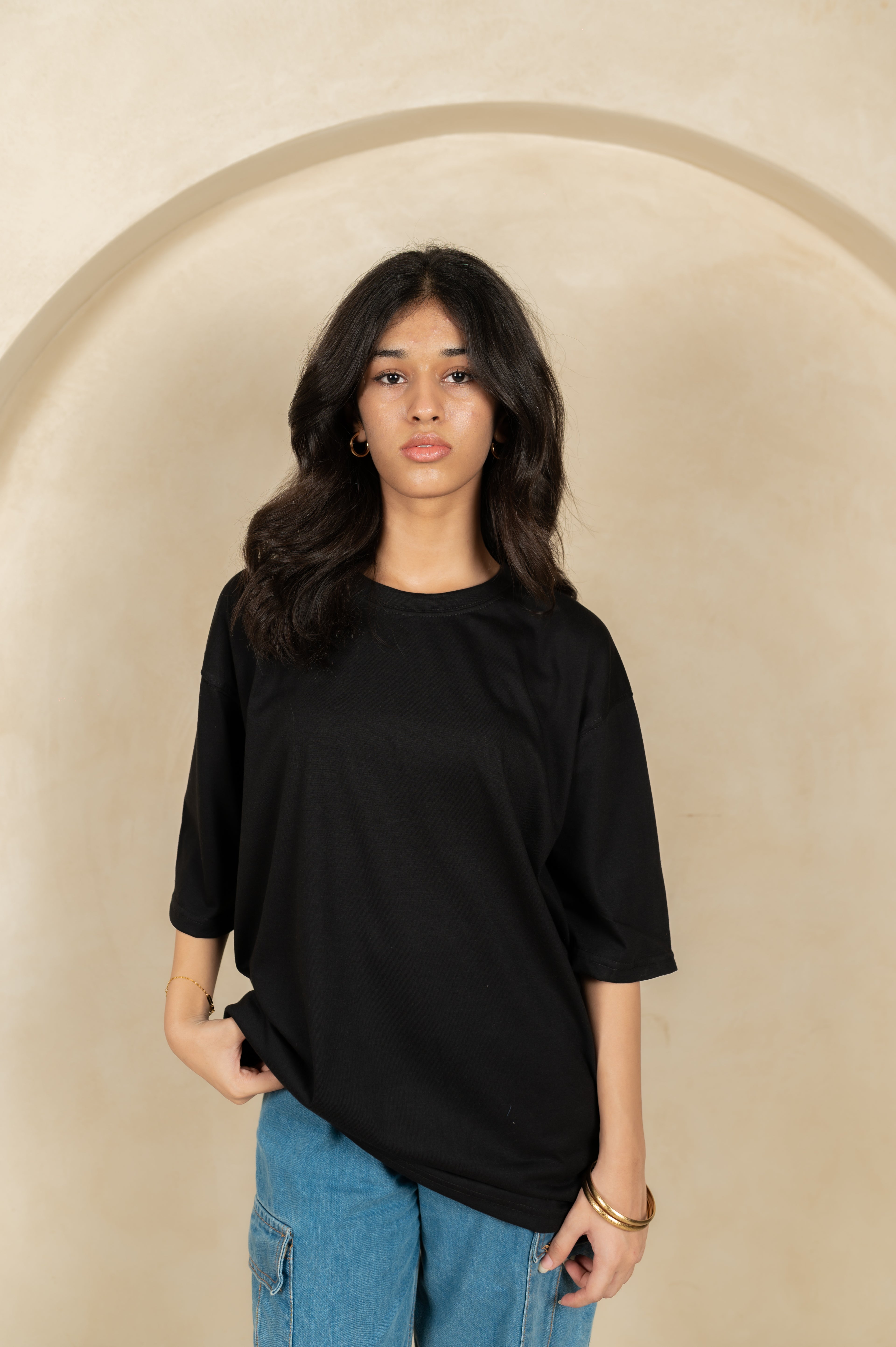 Unisex Black Drop-Shoulder Cotton Tee