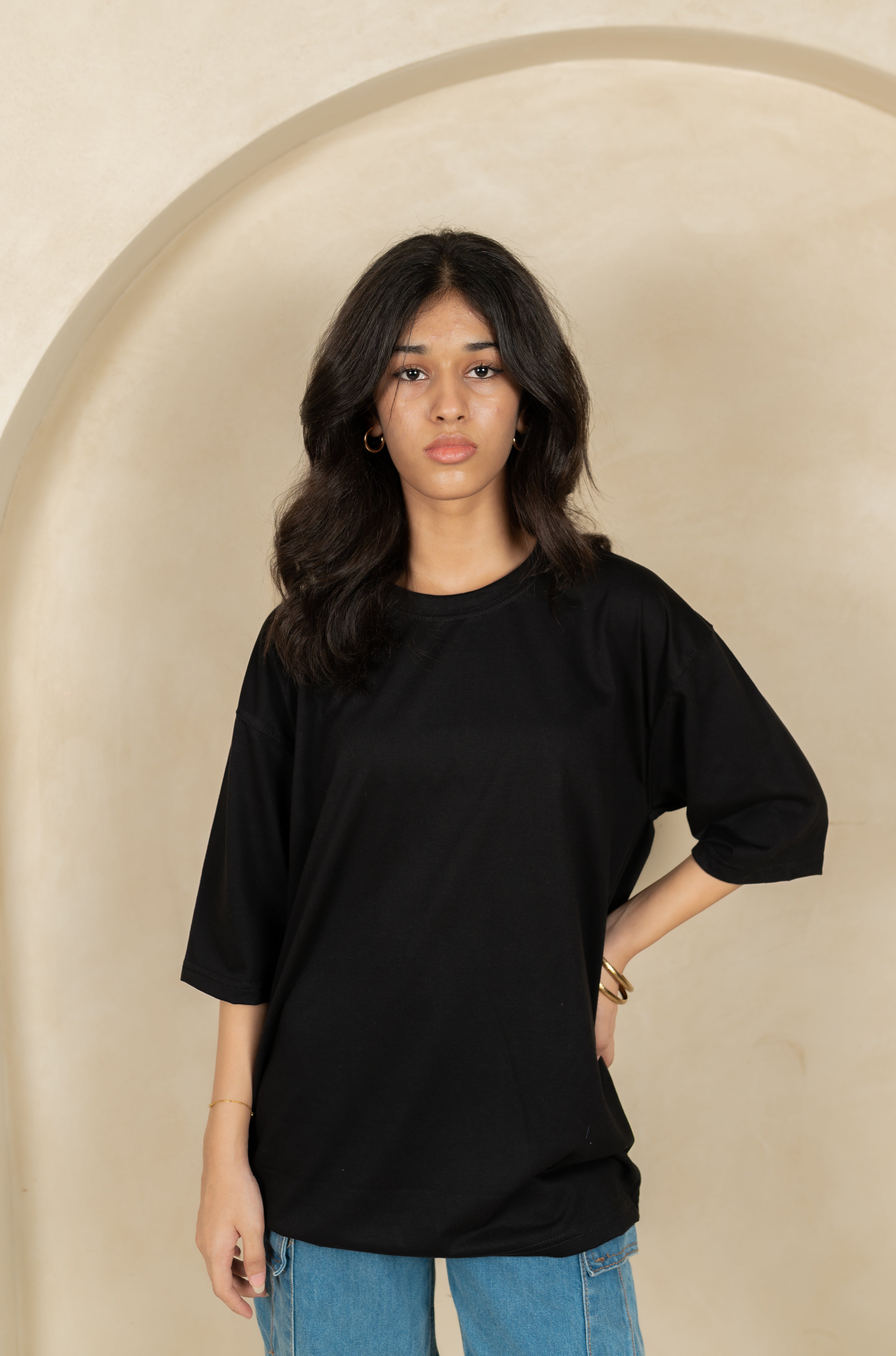 Unisex Black Drop-Shoulder Cotton Tee