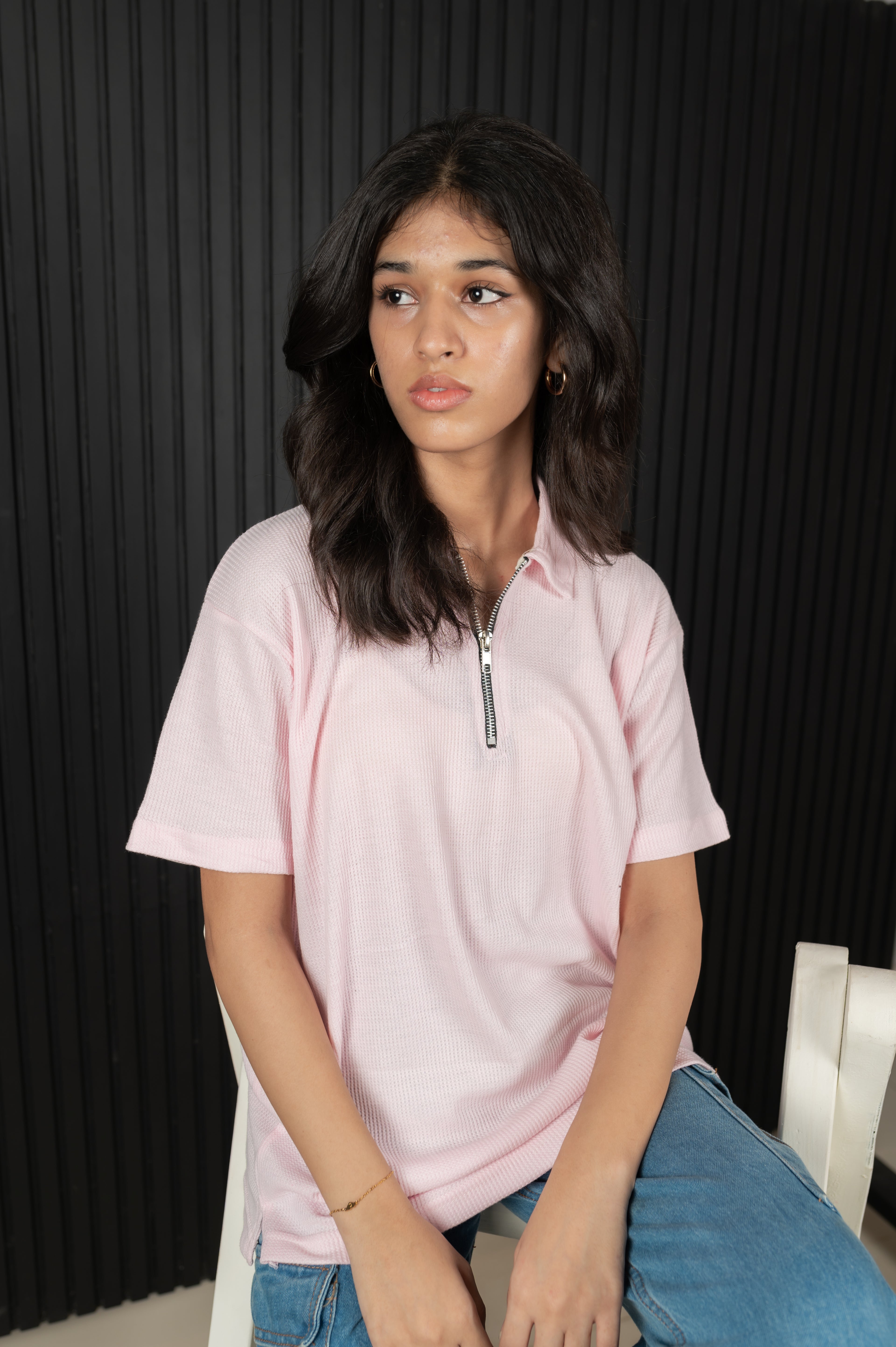 Unisex Ribbed Half-Zip Polo Tee – Baby Pink