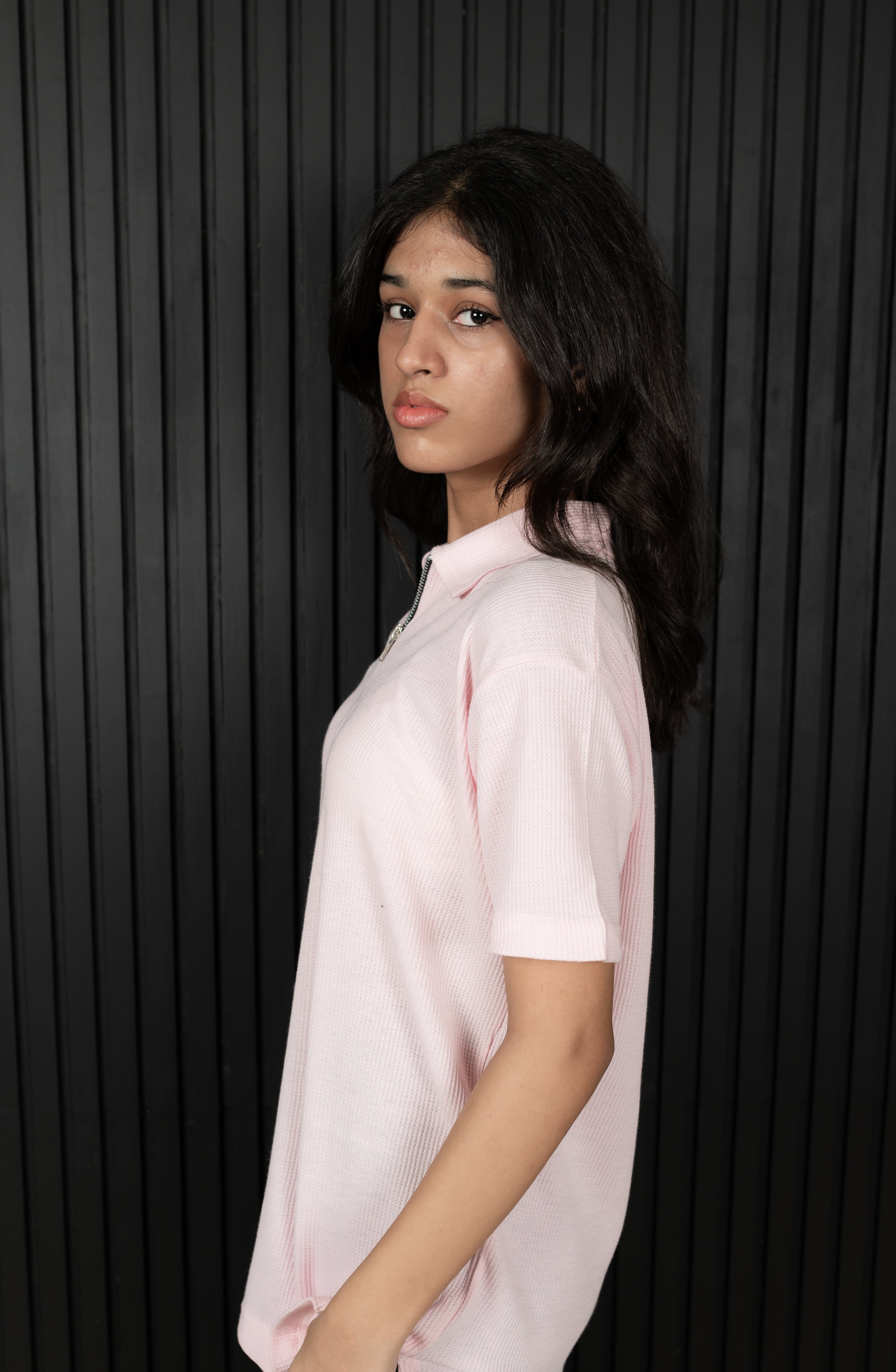 Unisex Ribbed Half-Zip Polo Tee – Baby Pink