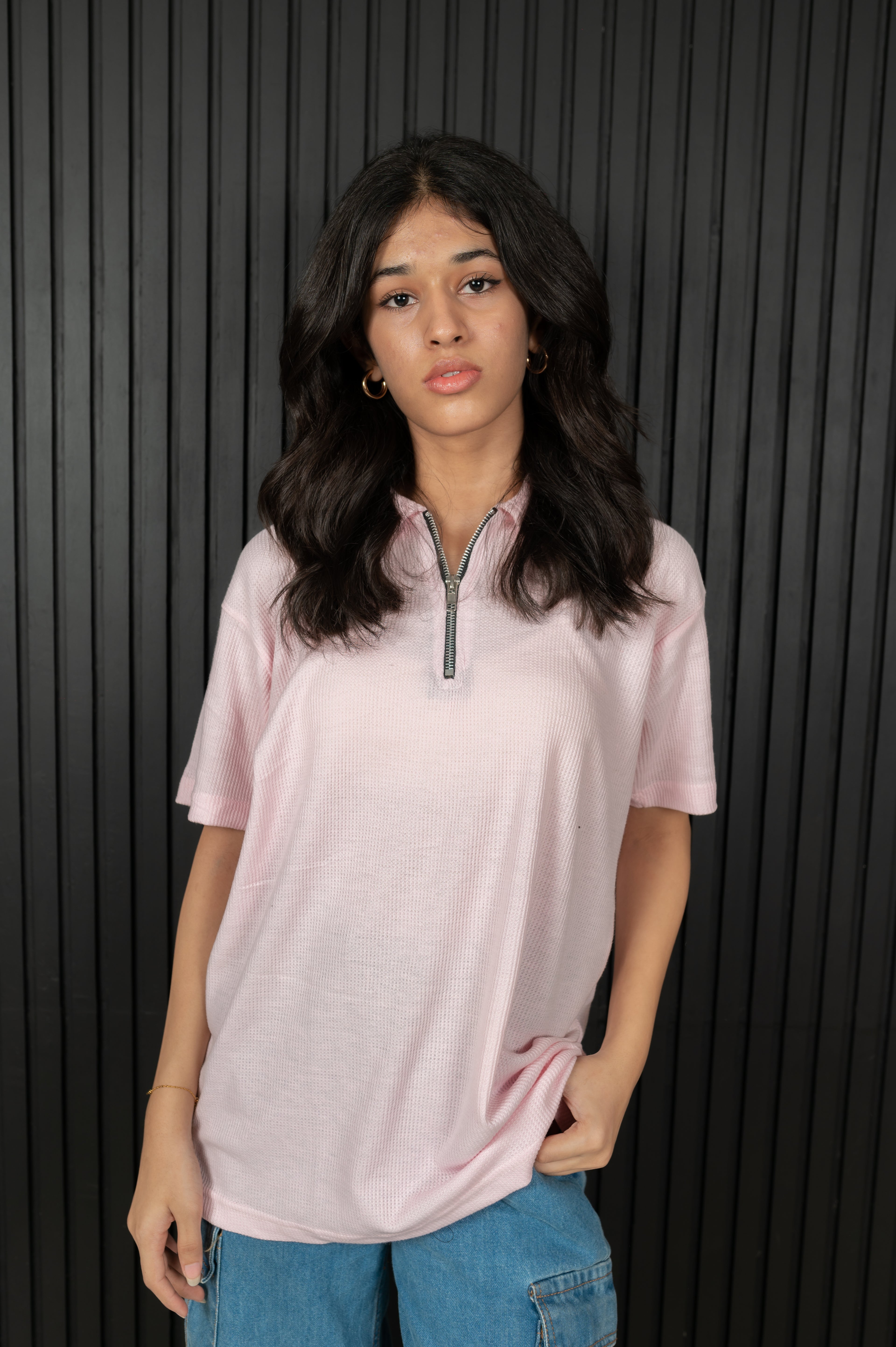 Unisex Ribbed Half-Zip Polo Tee – Baby Pink