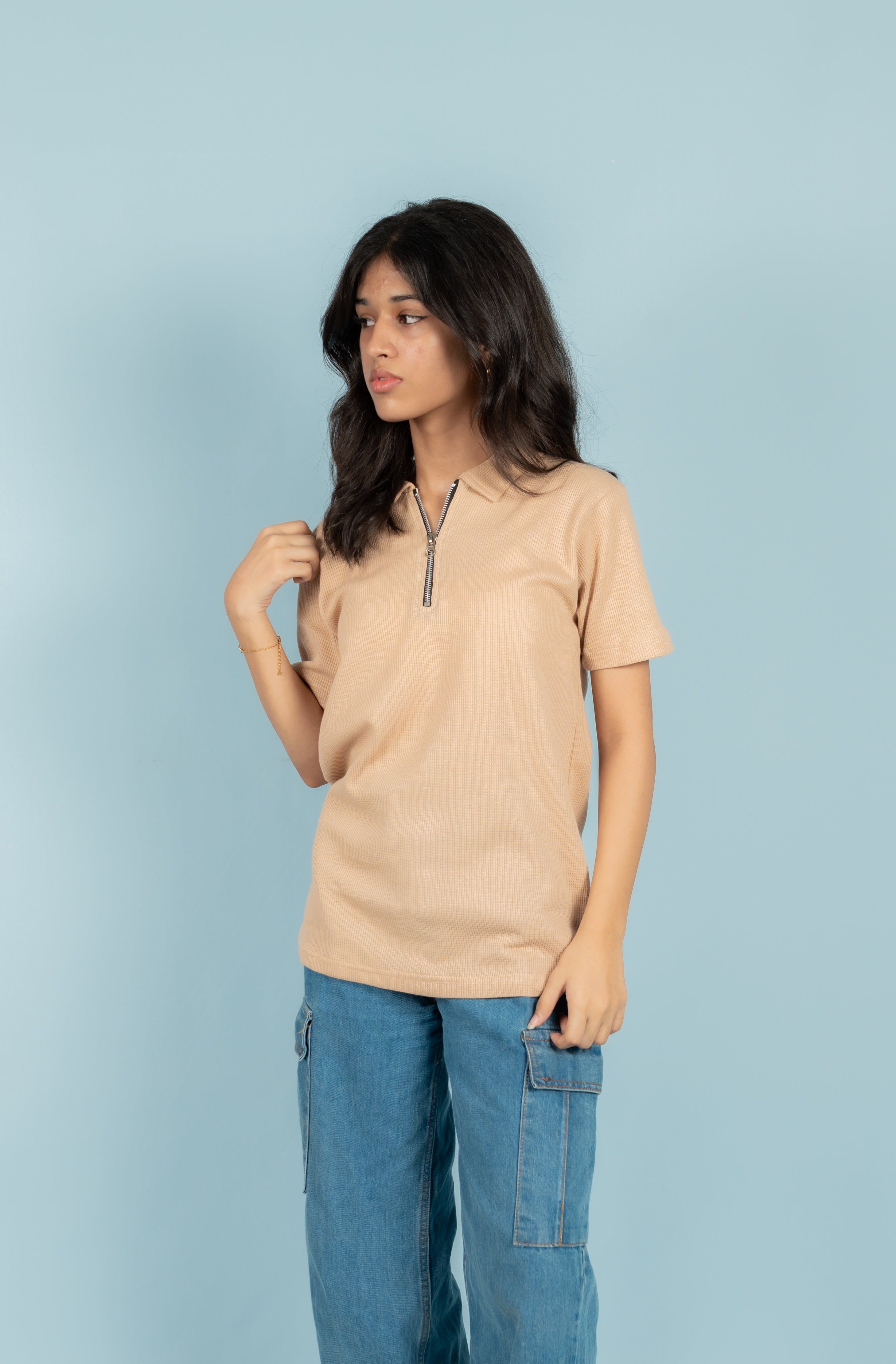 Unisex Ribbed Half-Zip Polo Tee – Beige