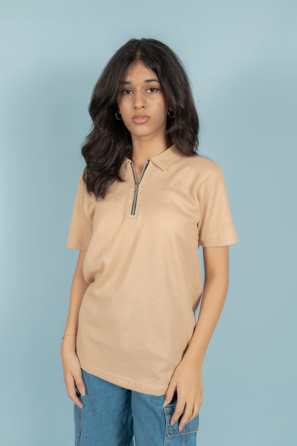 Unisex Ribbed Half-Zip Polo Tee – Beige
