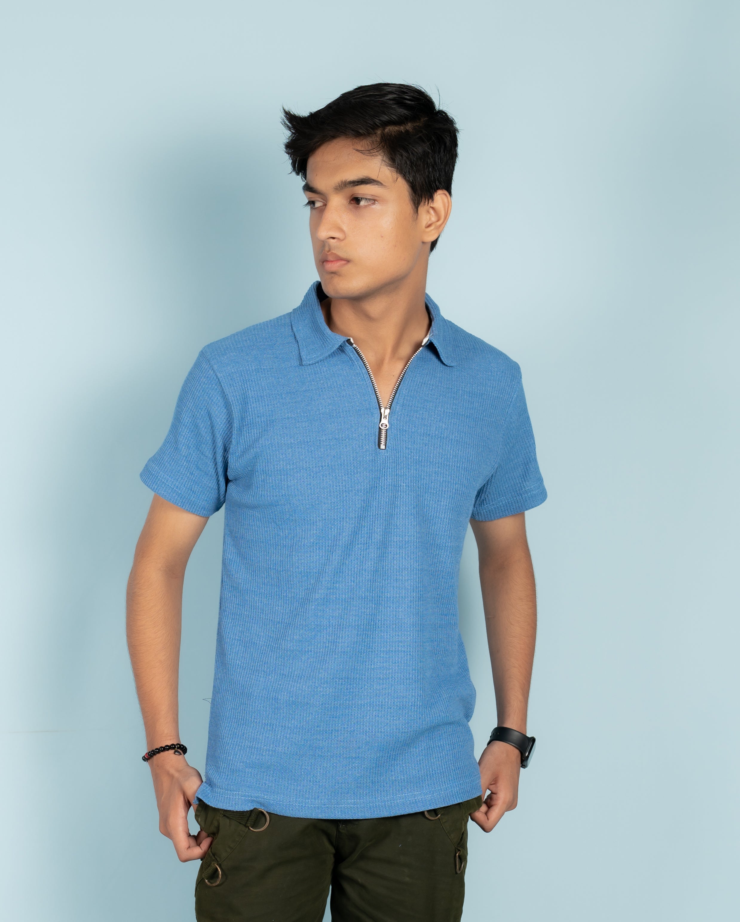 Unisex Ribbed Half-Zip Polo Tee – Blue