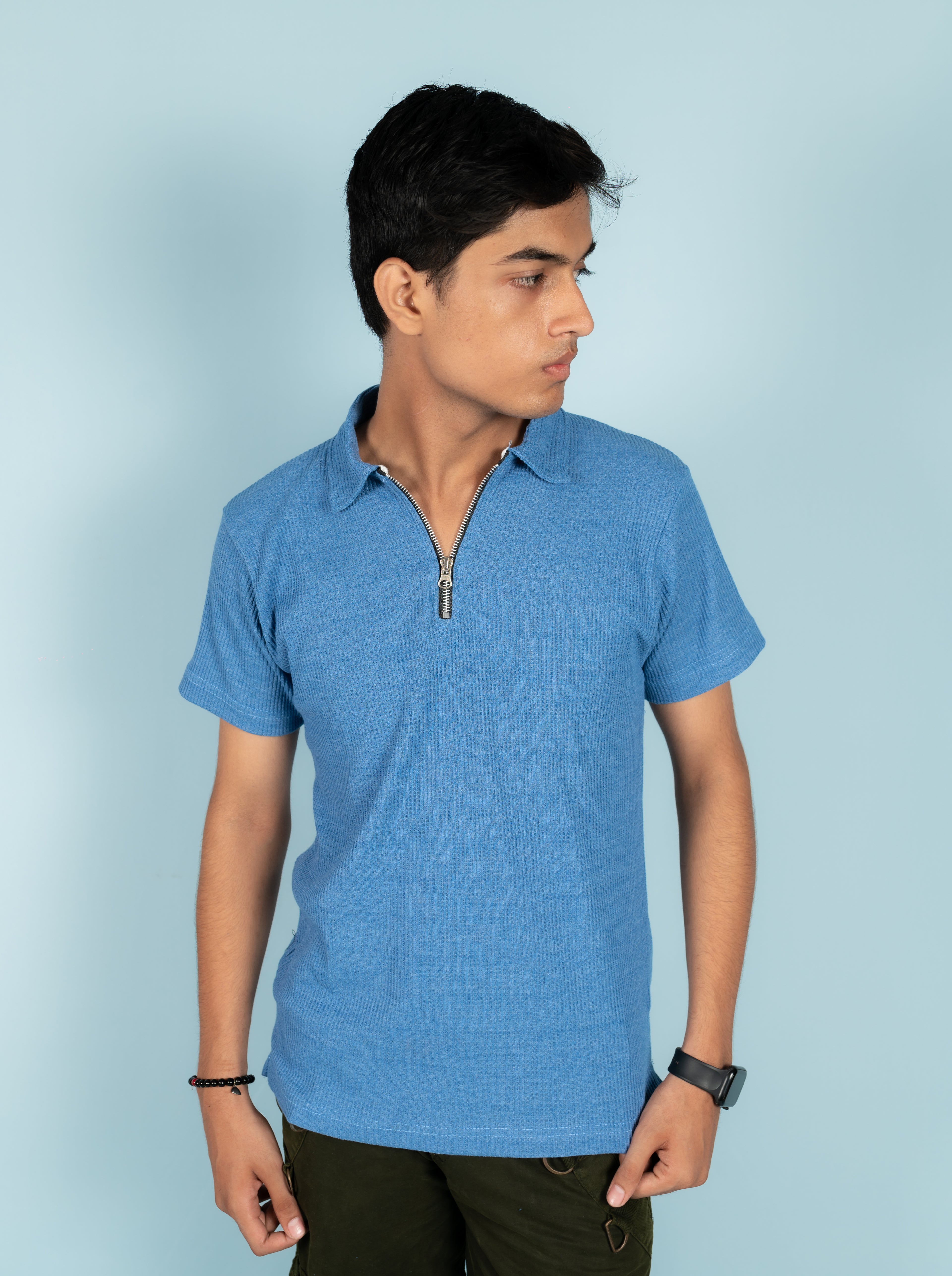 Unisex Ribbed Half-Zip Polo Tee – Blue