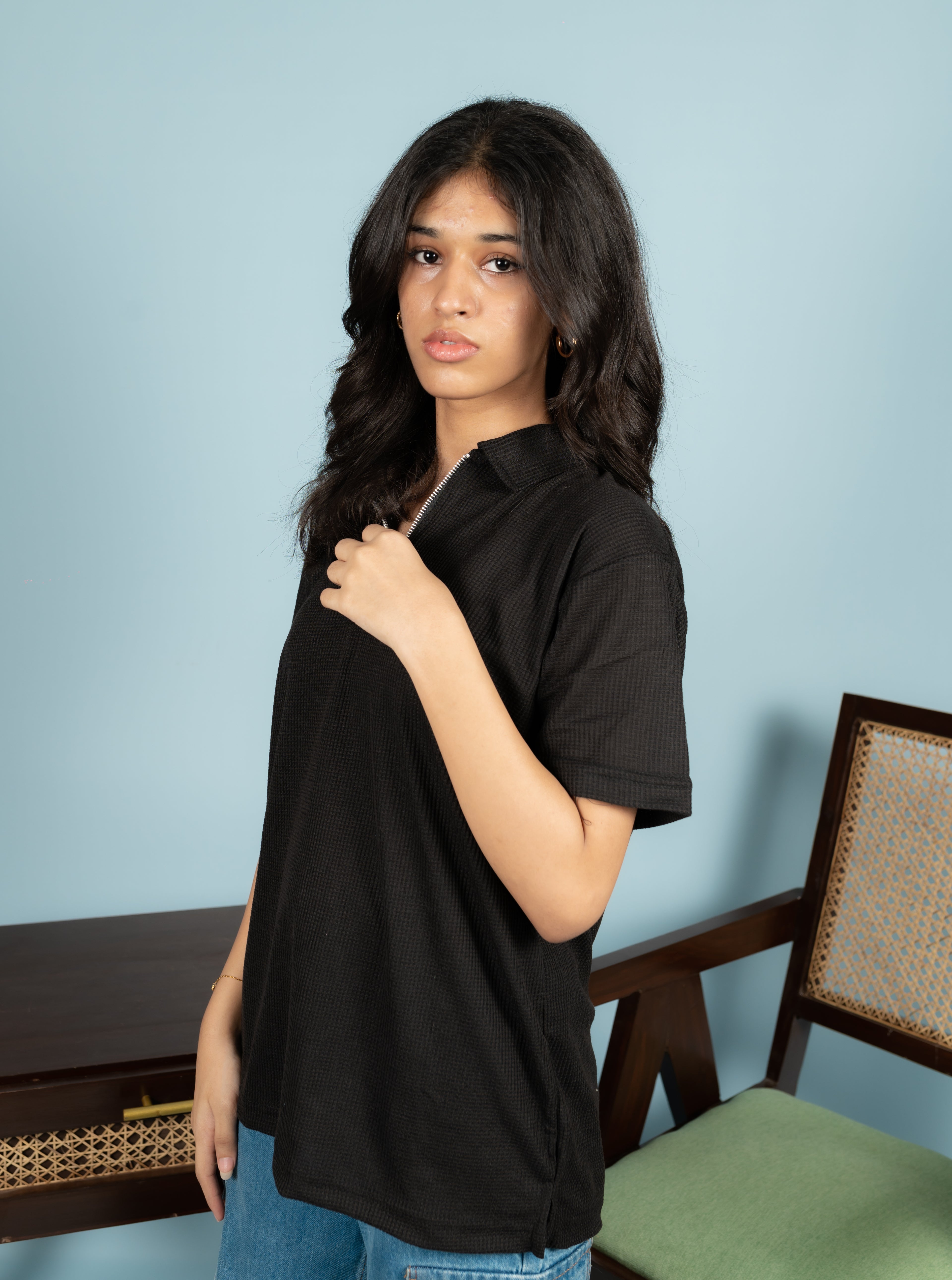 Unisex Ribbed Half-Zip Polo Tee – Black