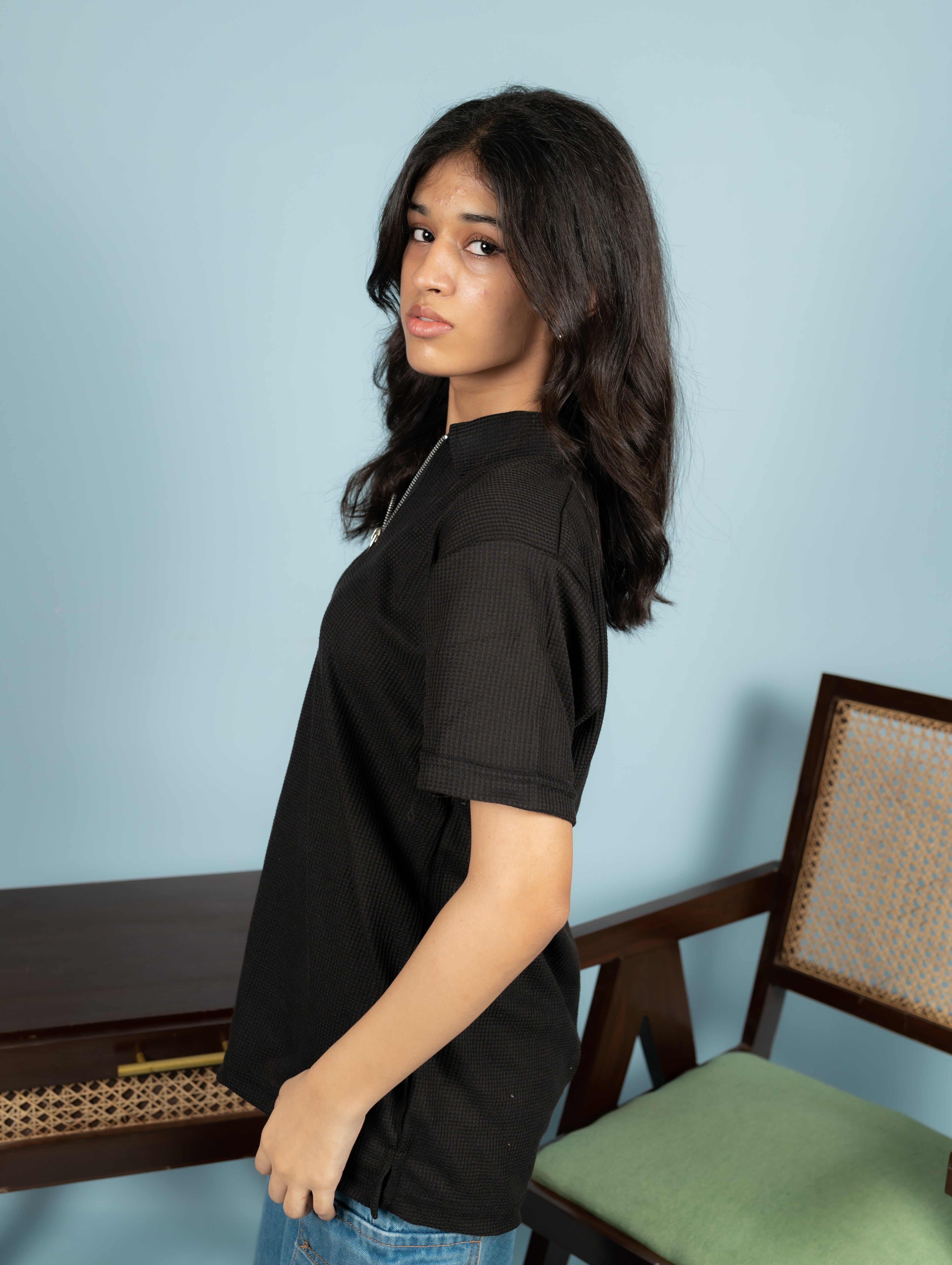 Unisex Ribbed Half-Zip Polo Tee – Black