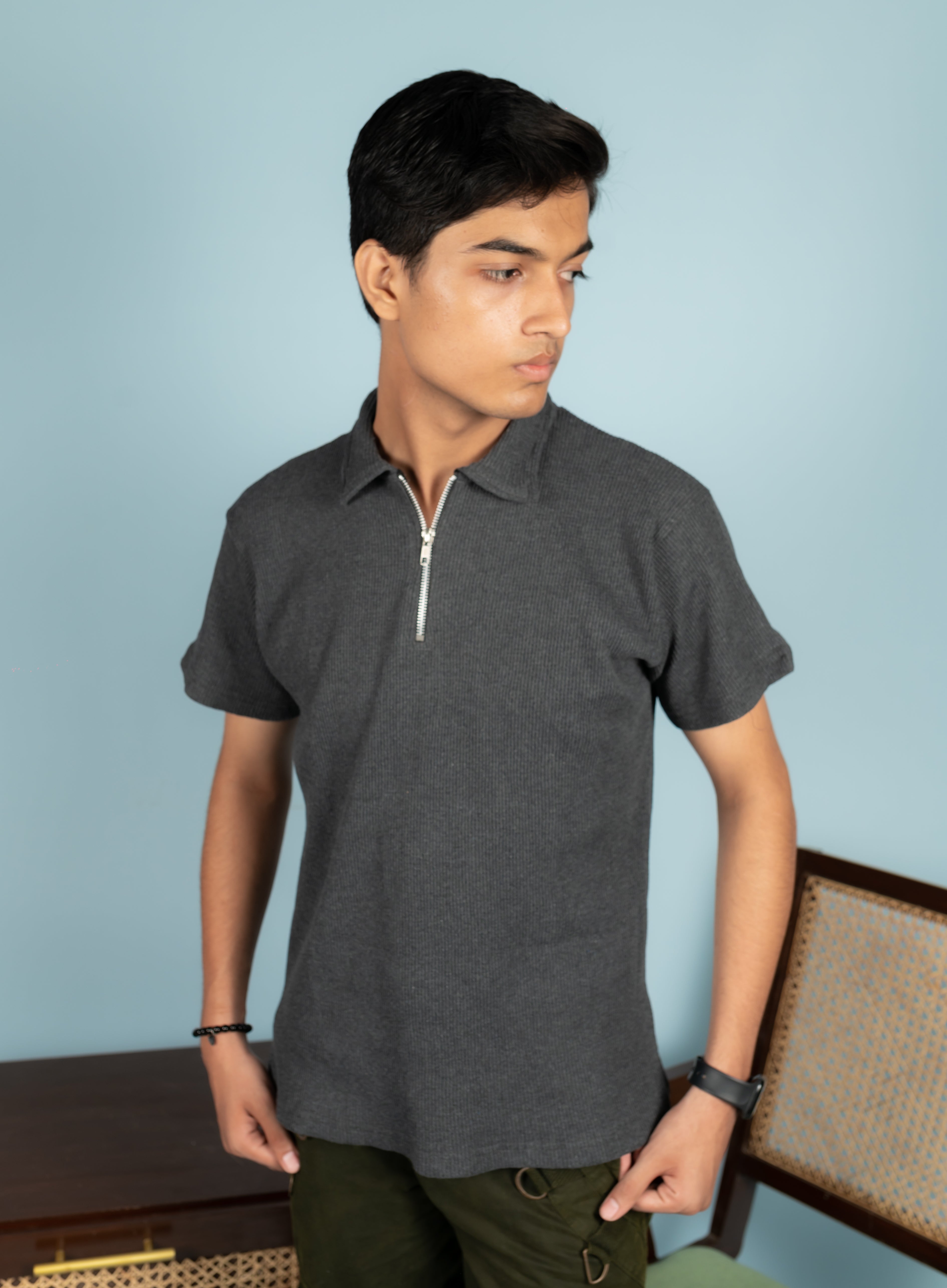Unisex Ribbed Half-Zip Polo Tee – Gray