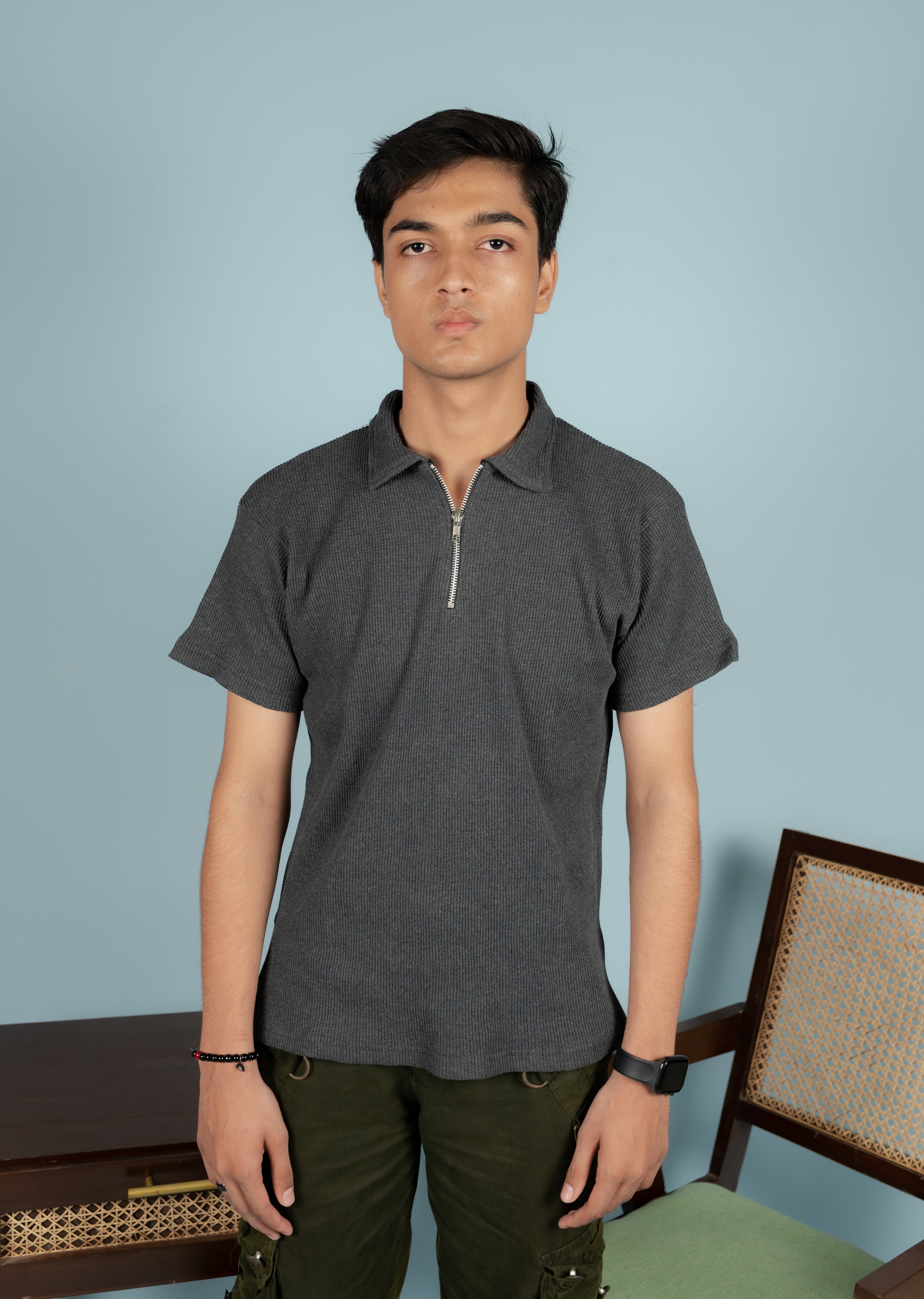 Unisex Ribbed Half-Zip Polo Tee – Gray