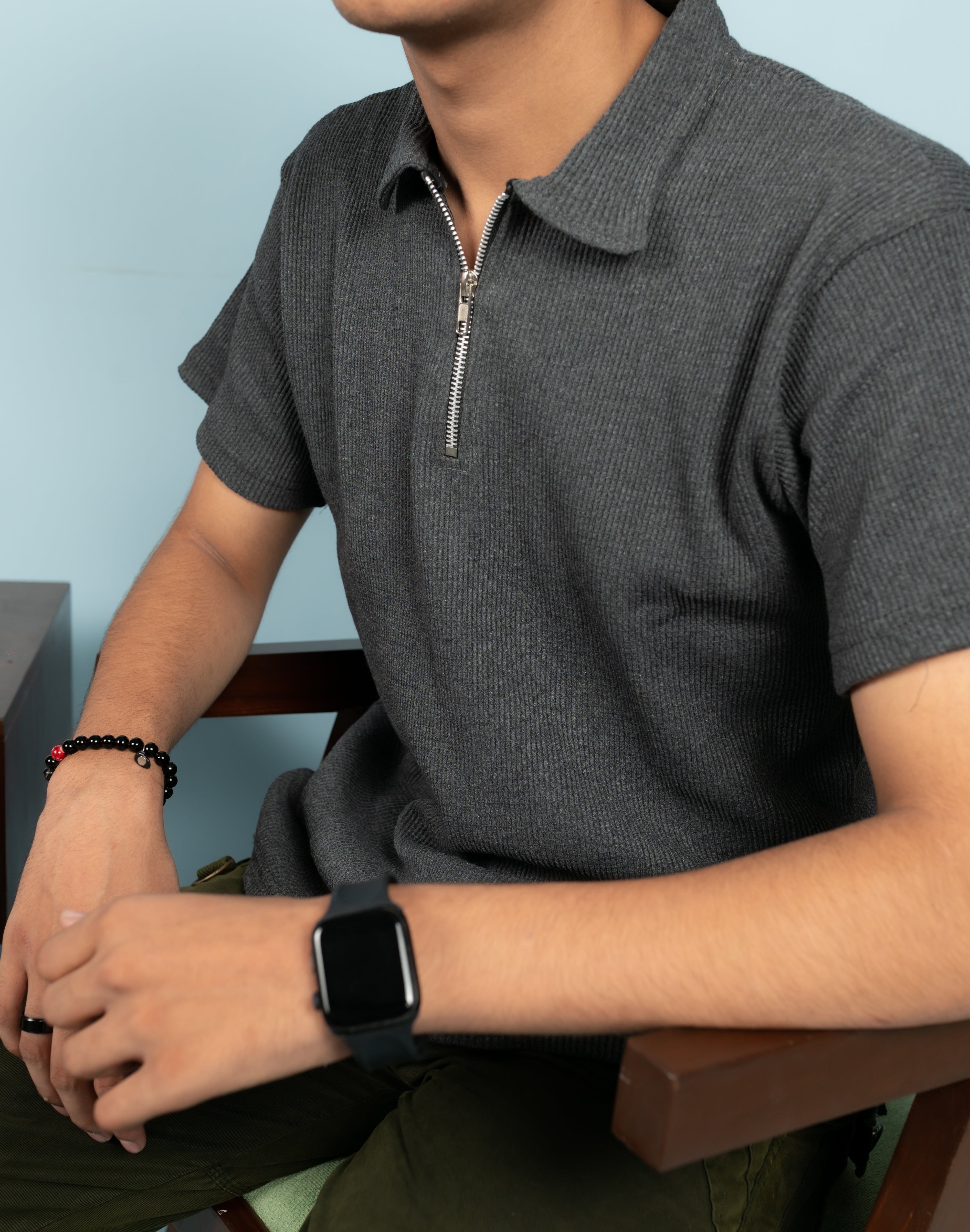 Unisex Ribbed Half-Zip Polo Tee – Gray
