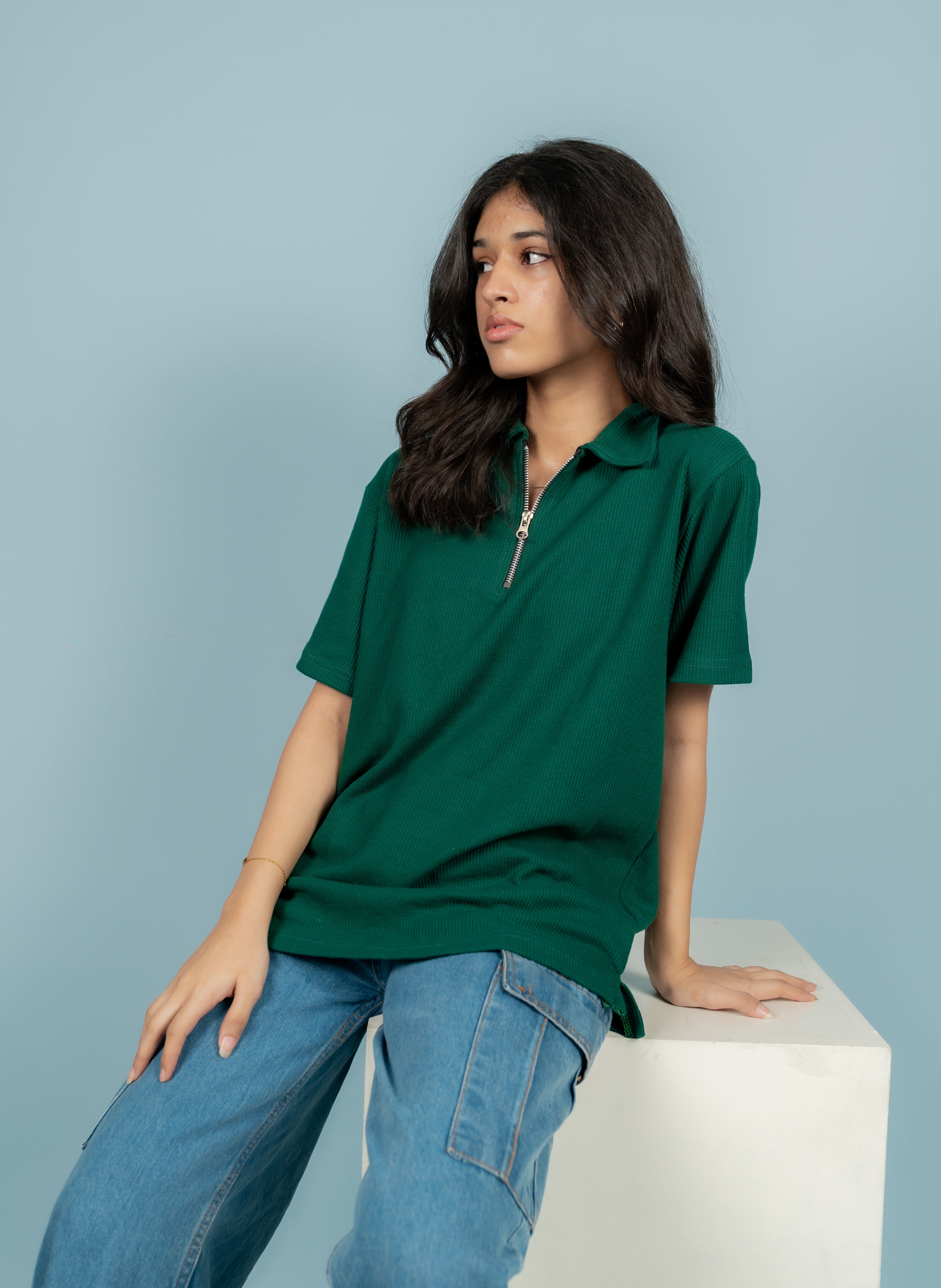 Unisex Ribbed Half-Zip Polo Tee – Forest Green
