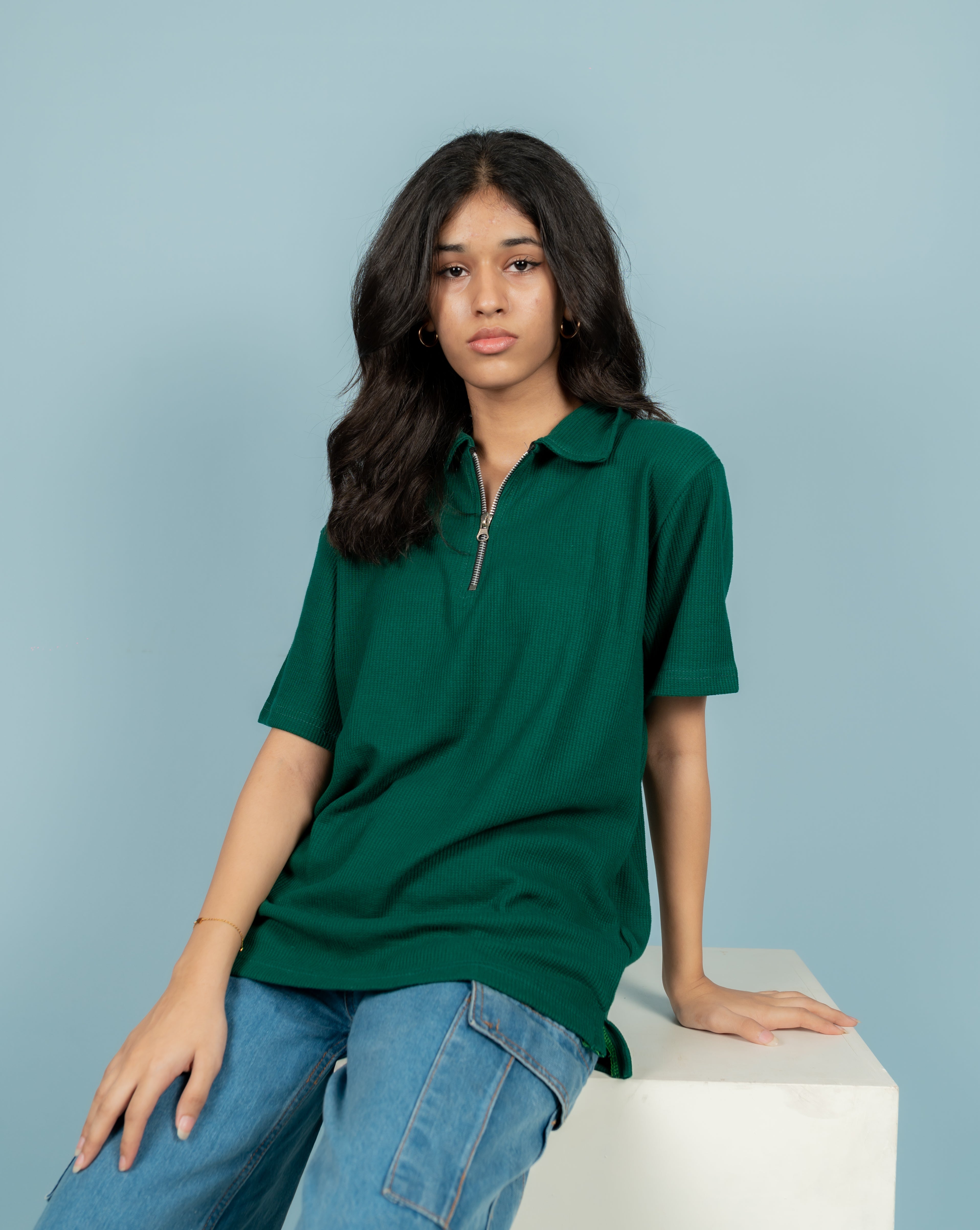 Unisex Ribbed Half-Zip Polo Tee – Forest Green