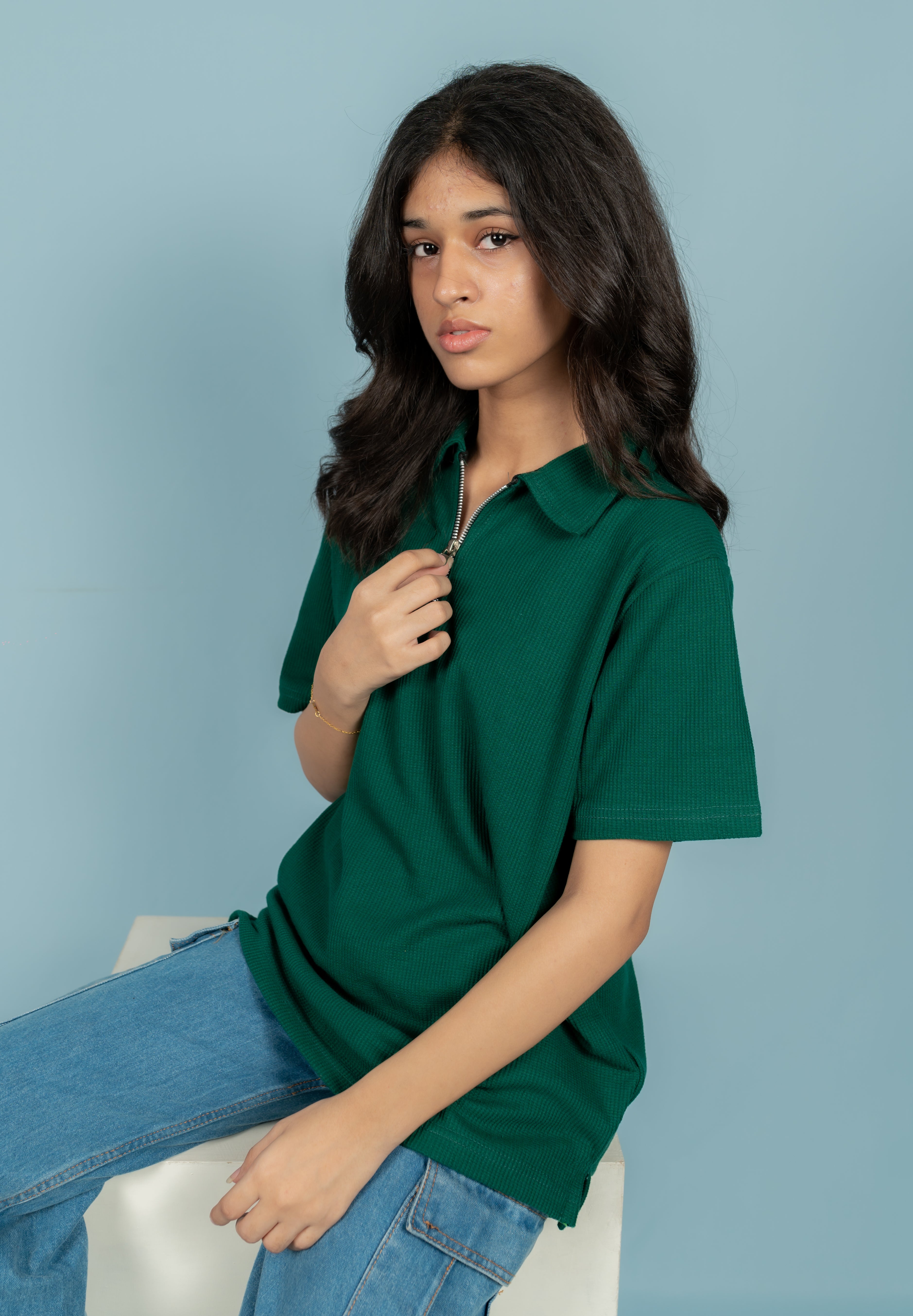 Unisex Ribbed Half-Zip Polo Tee – Forest Green