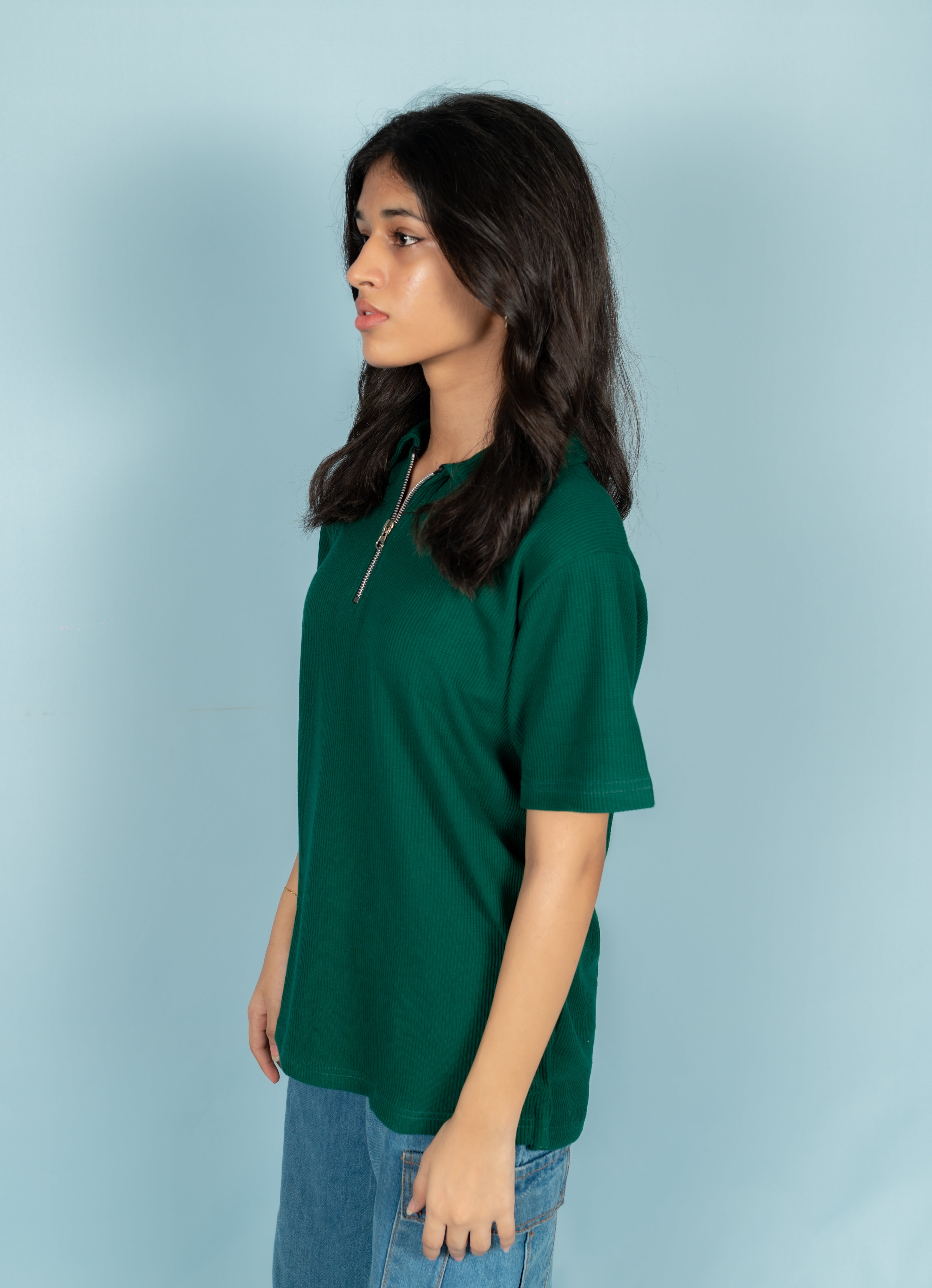Unisex Ribbed Half-Zip Polo Tee – Forest Green