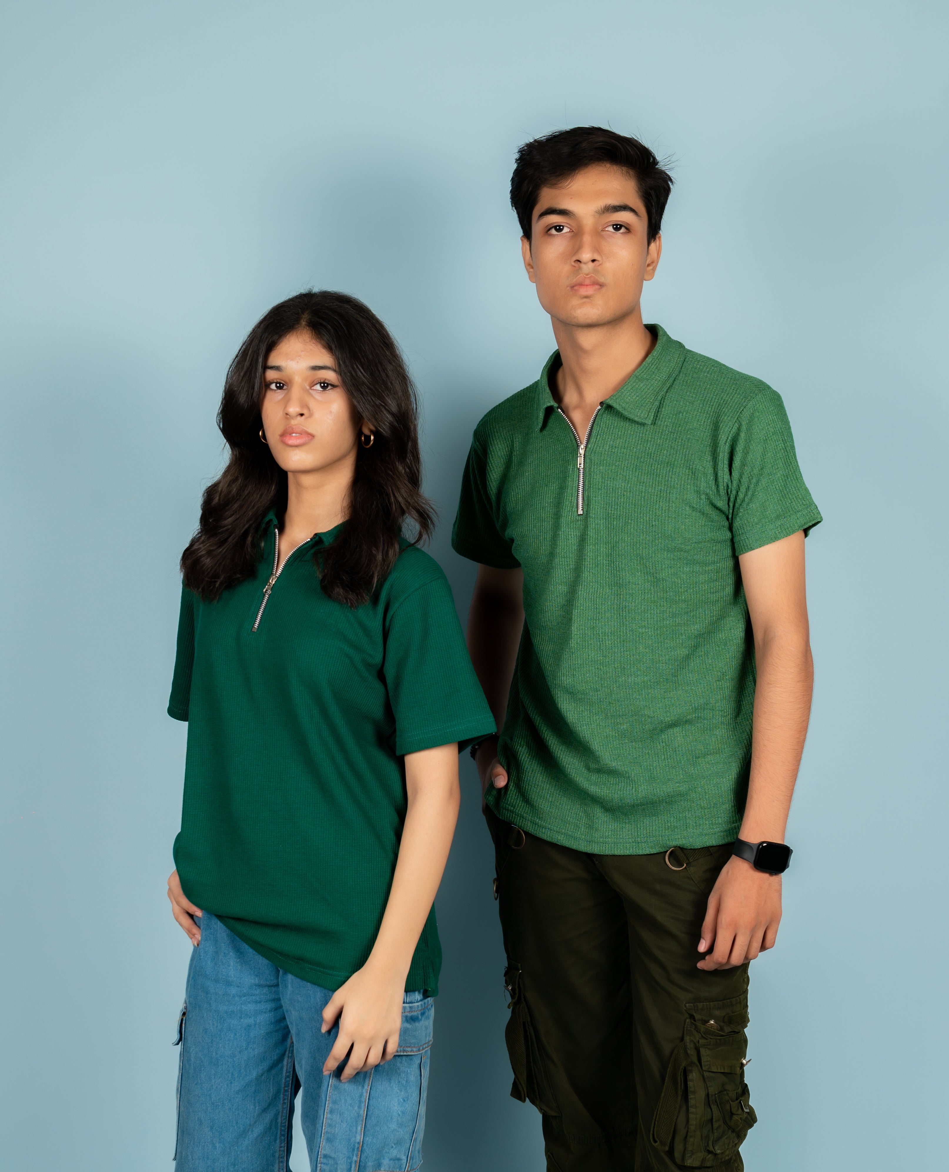 Unisex Ribbed Half-Zip Polo Tee – Forest Green