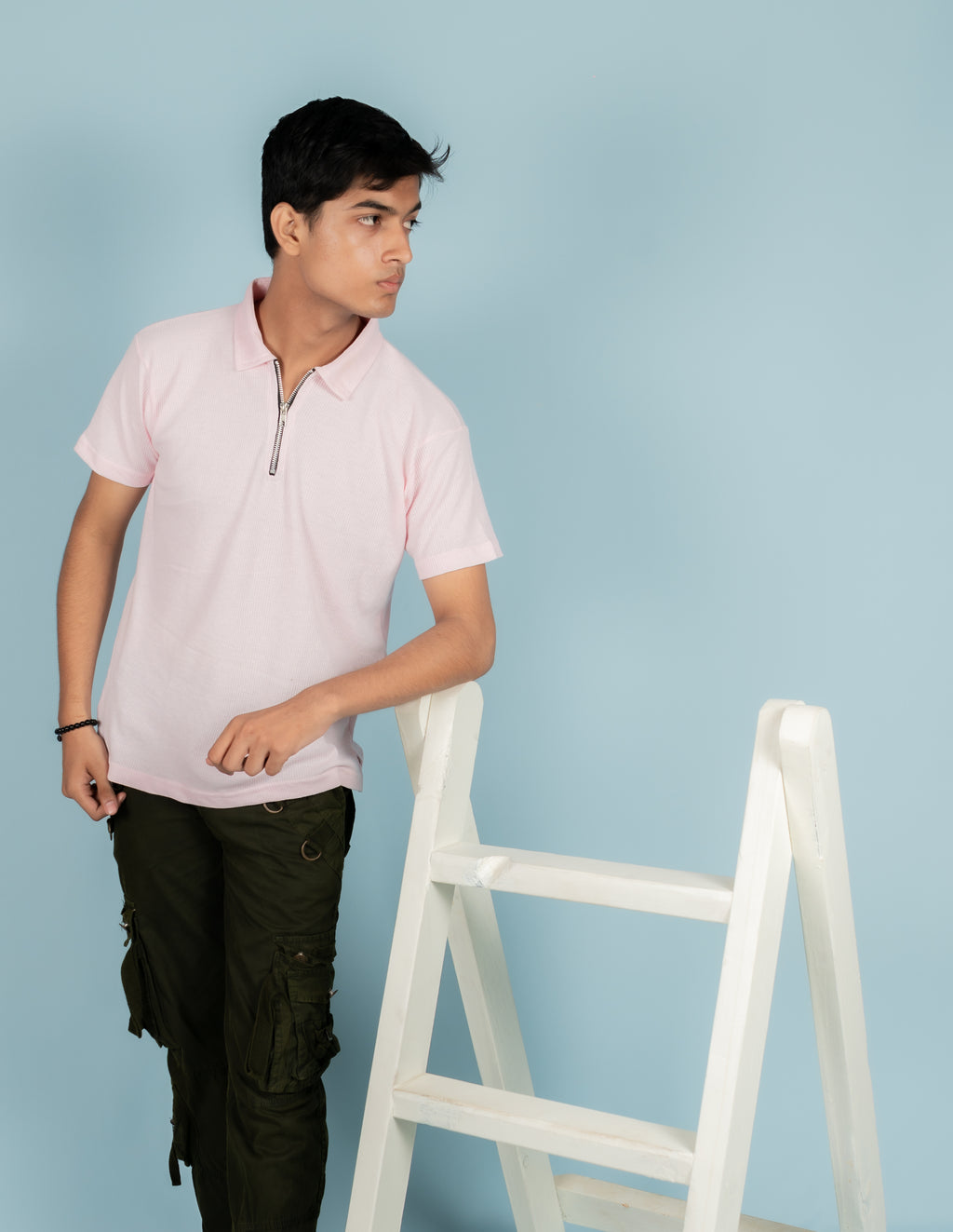 Unisex Ribbed Half-Zip Polo Tee – Baby Pink