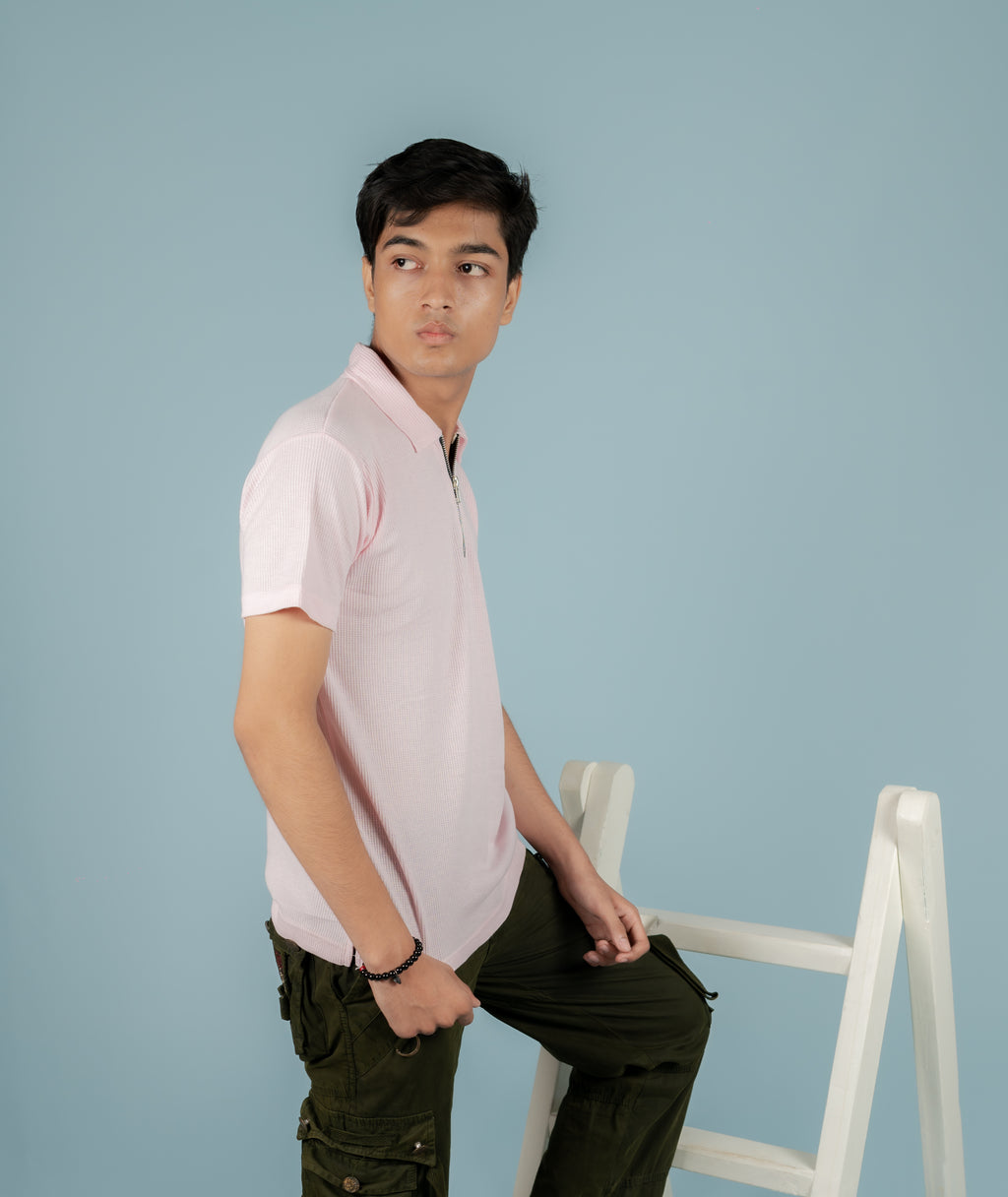 Unisex Ribbed Half-Zip Polo Tee – Baby Pink