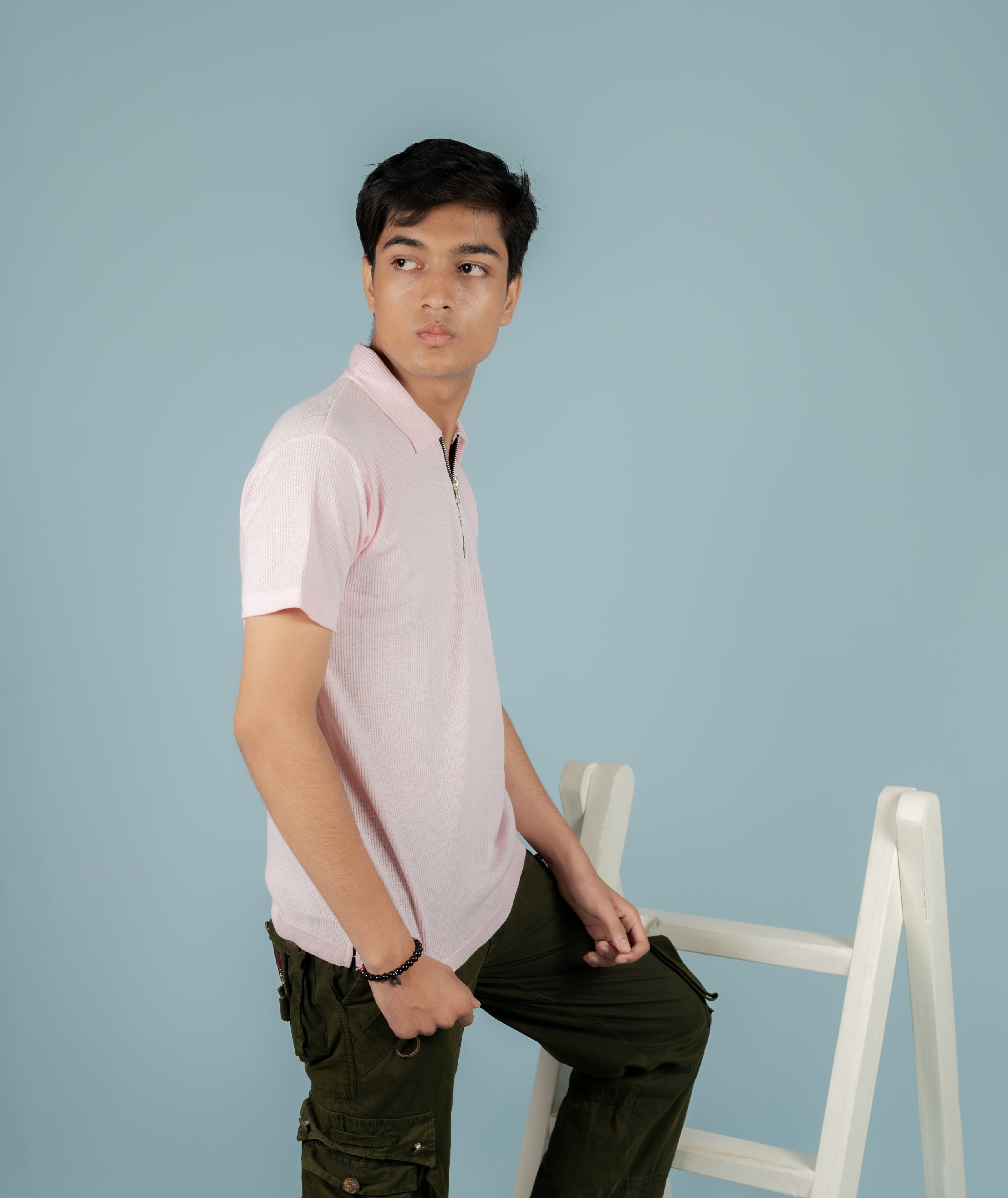 Unisex Ribbed Half-Zip Polo Tee – Baby Pink