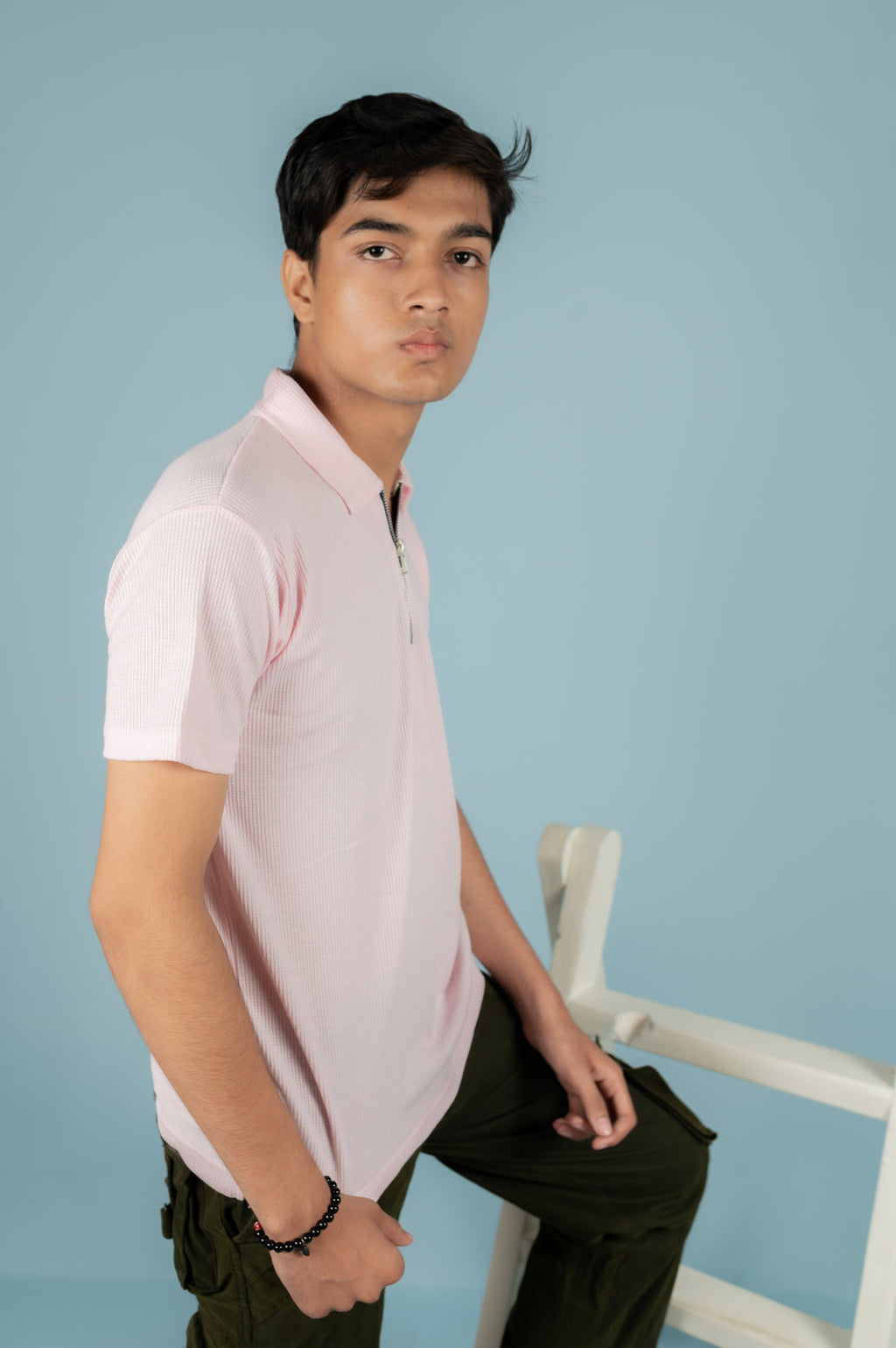 Unisex Ribbed Half-Zip Polo Tee – Baby Pink