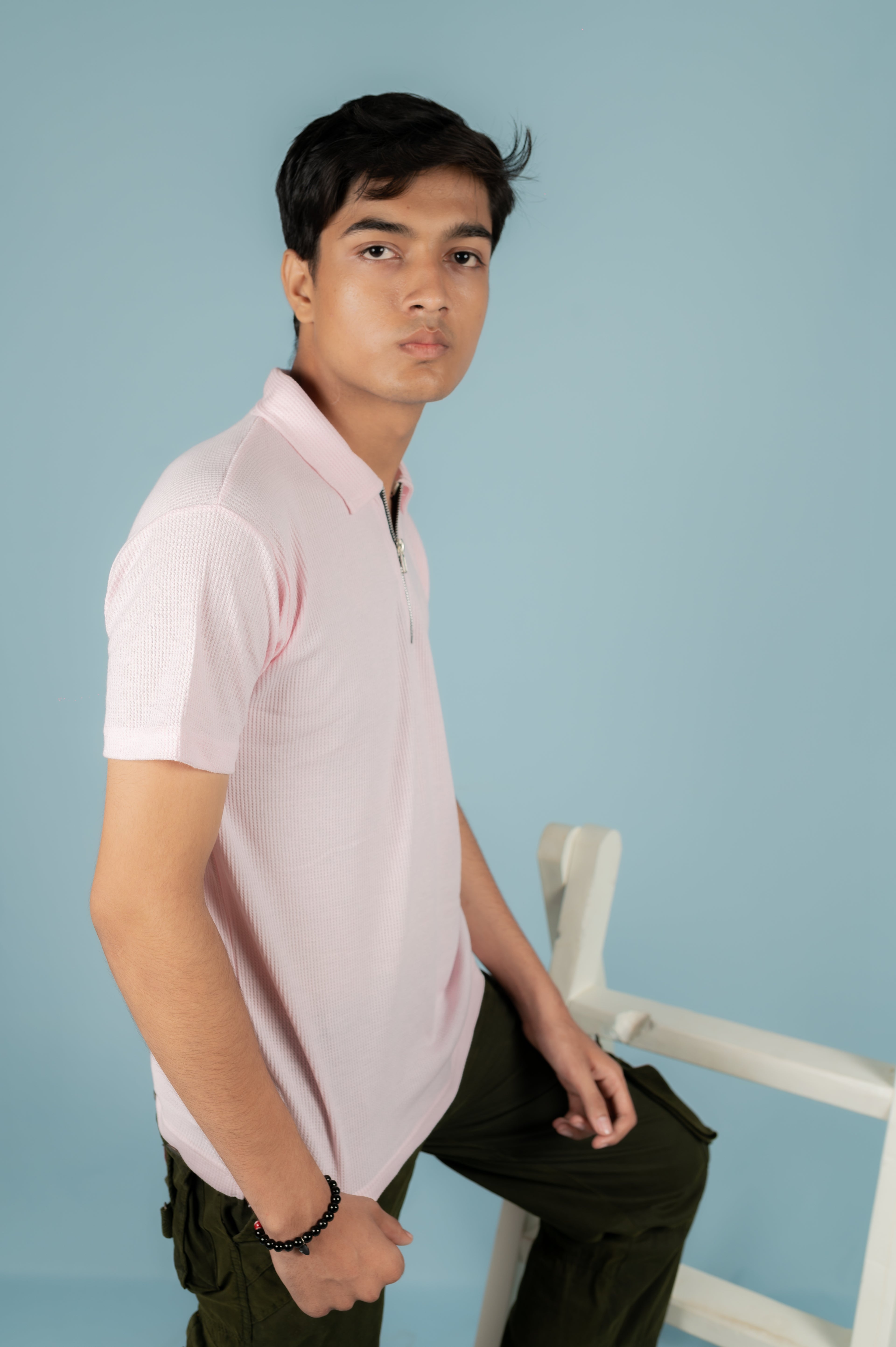 Unisex Ribbed Half-Zip Polo Tee – Baby Pink