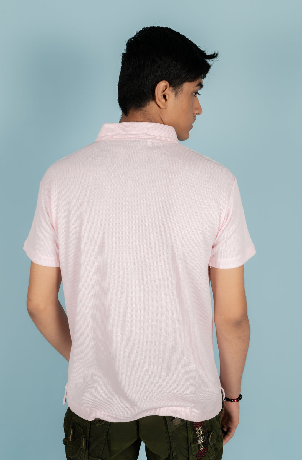 Unisex Ribbed Half-Zip Polo Tee – Baby Pink