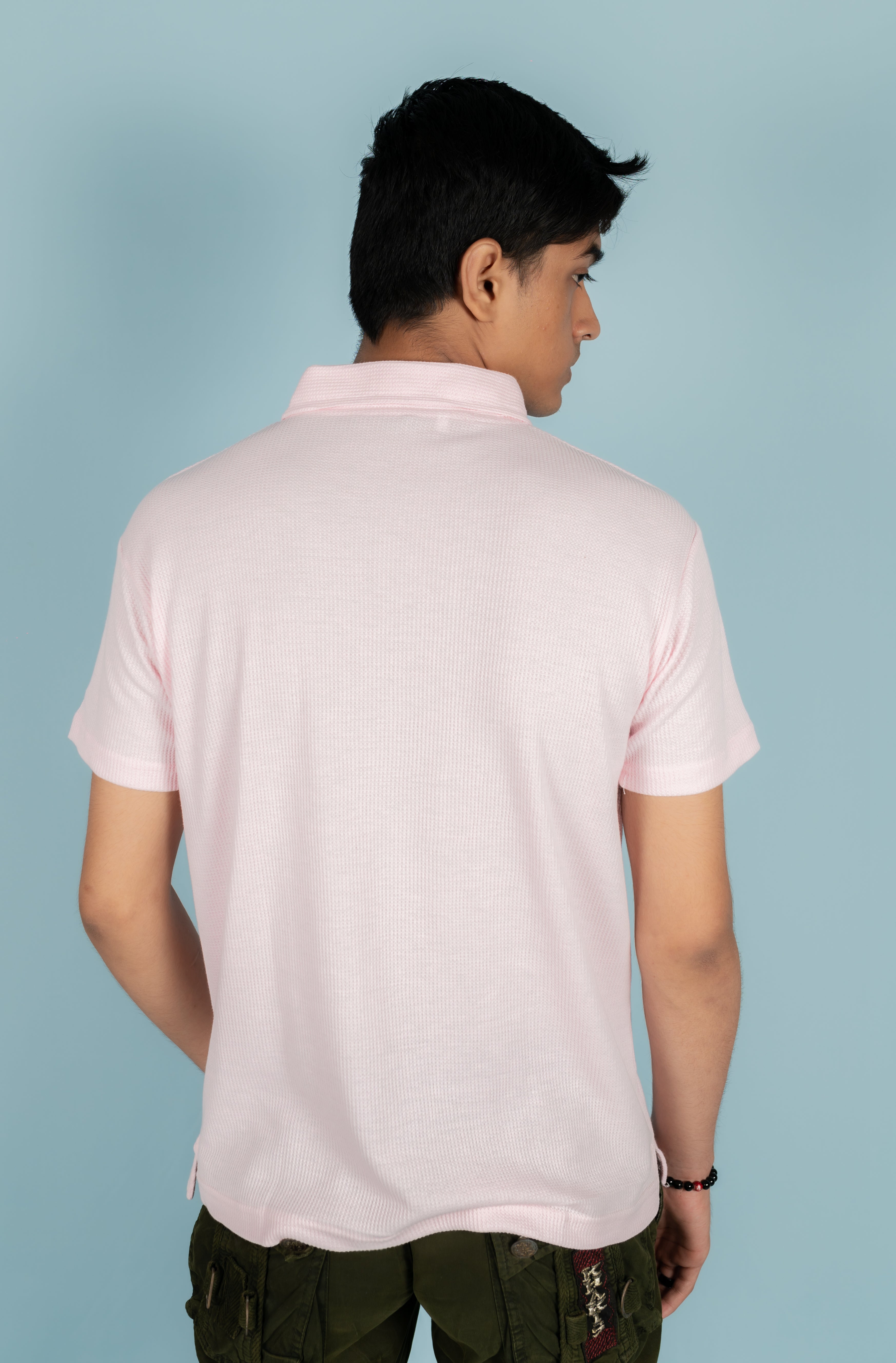 Unisex Ribbed Half-Zip Polo Tee – Baby Pink