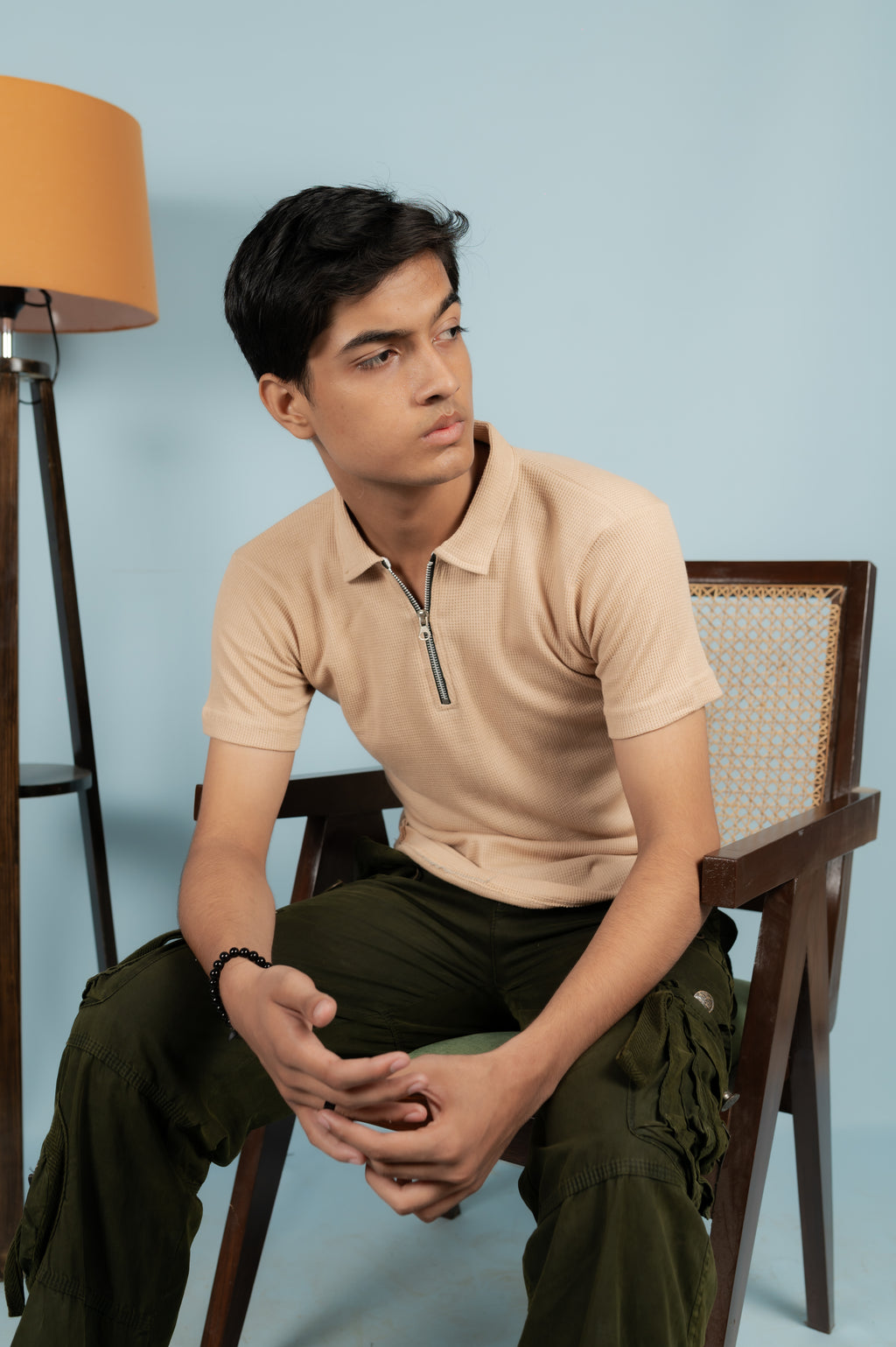 Unisex Ribbed Half-Zip Polo Tee – Beige