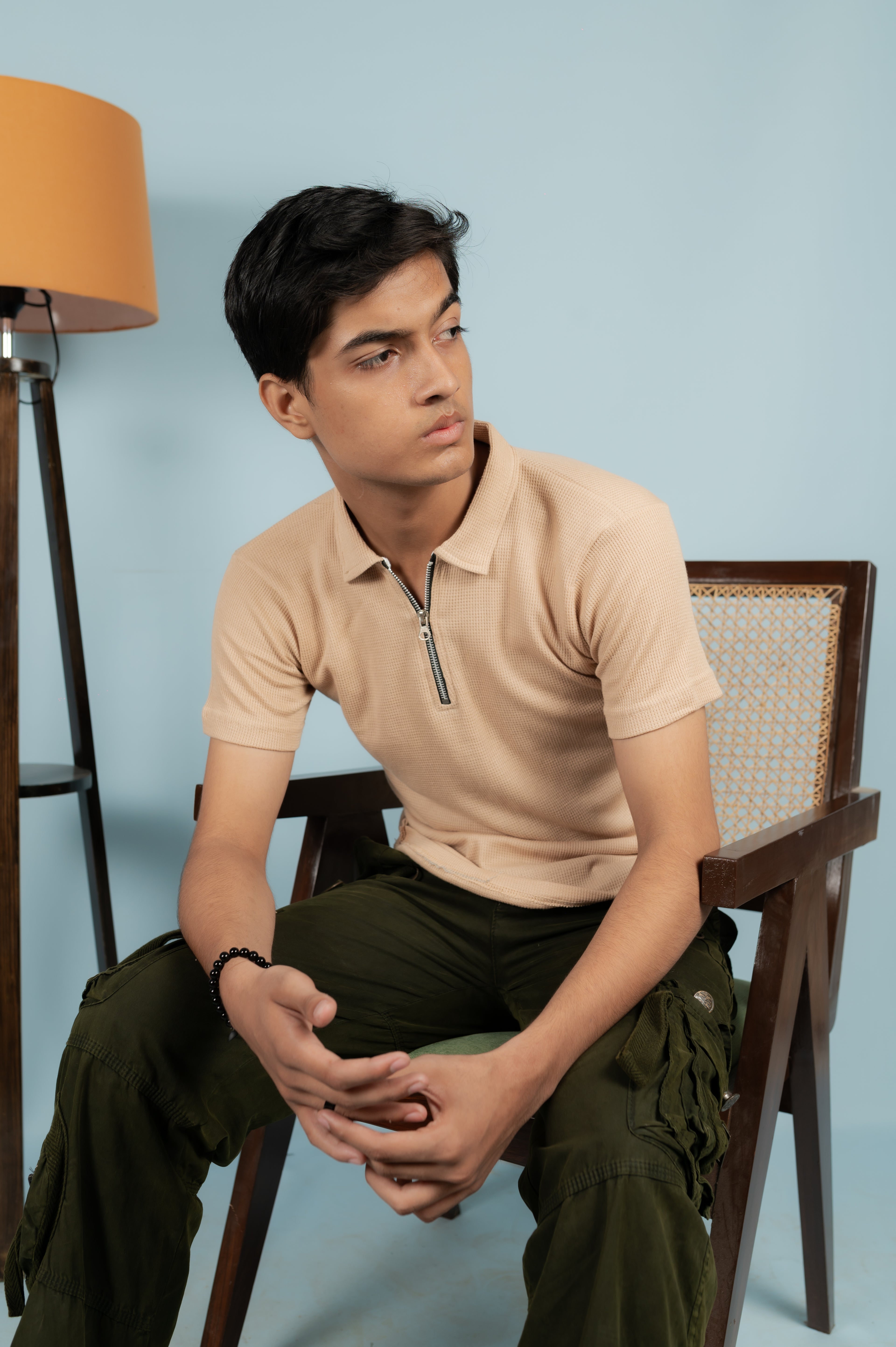 Unisex Ribbed Half-Zip Polo Tee – Beige