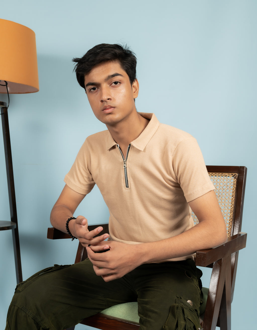 Unisex Ribbed Half-Zip Polo Tee – Beige