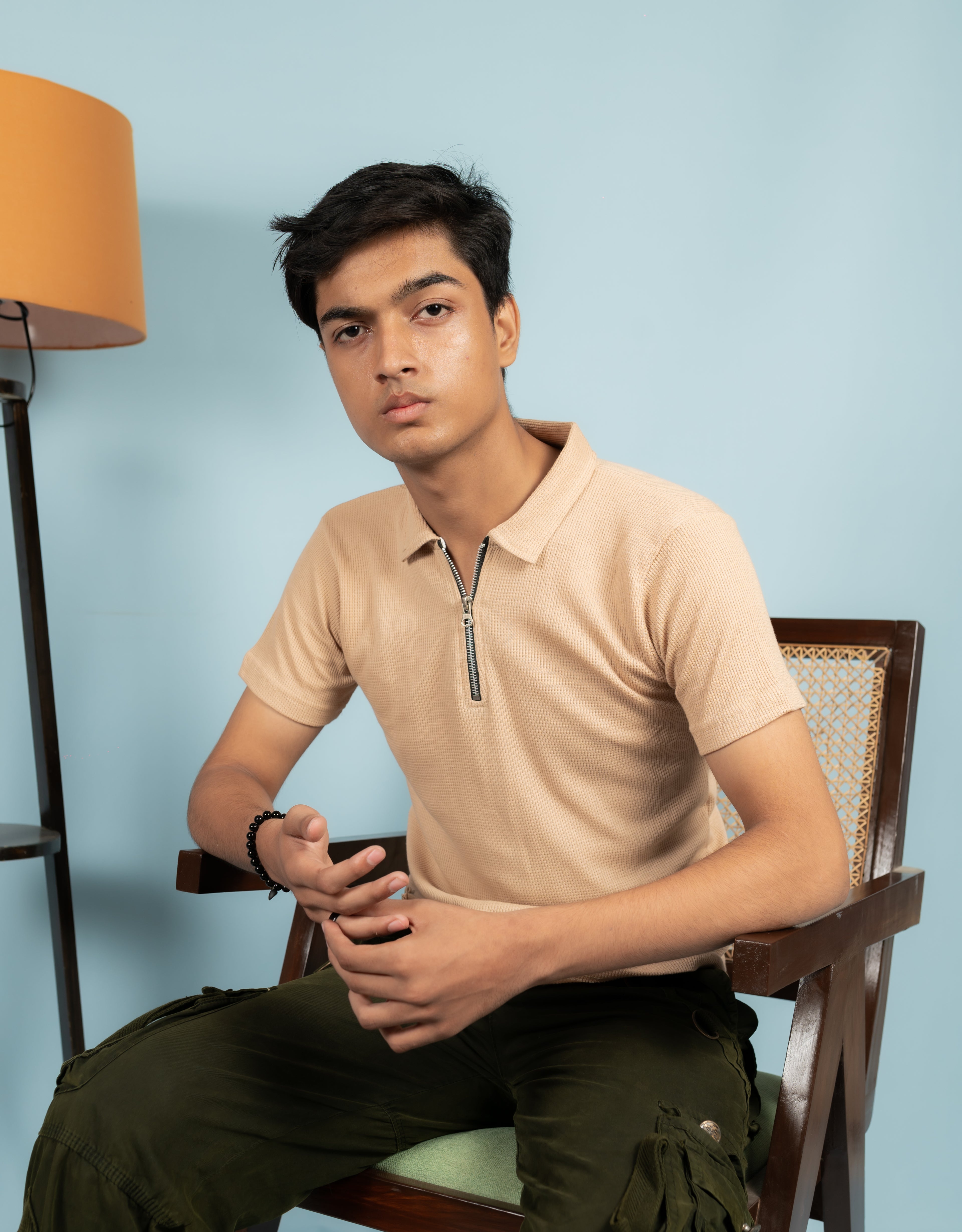 Unisex Ribbed Half-Zip Polo Tee – Beige