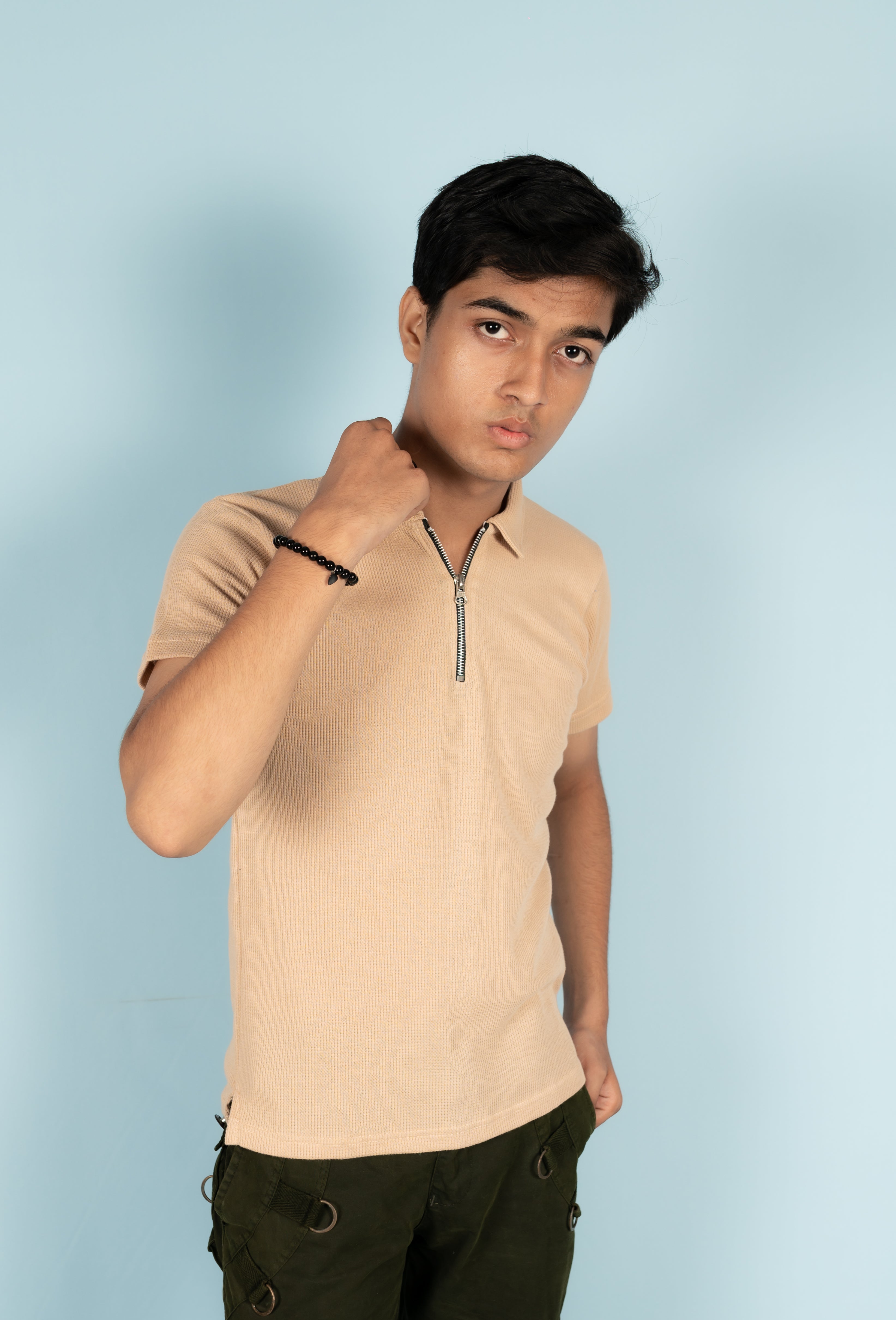Unisex Ribbed Half-Zip Polo Tee – Beige