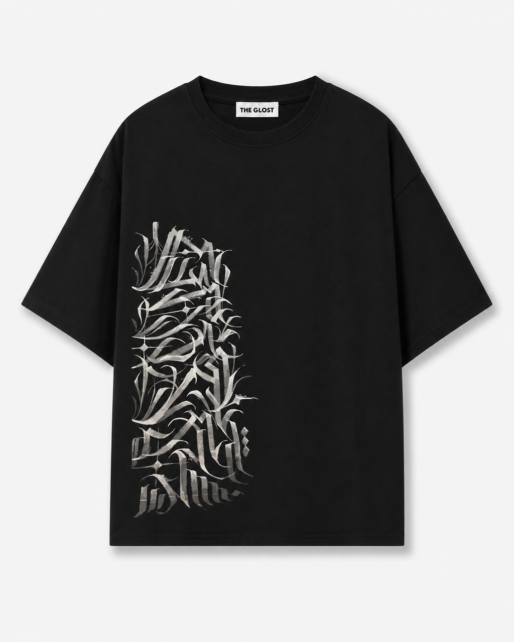 Fine Jersey Gothic Calligraphy Print Drop Shoulder T-Shirt