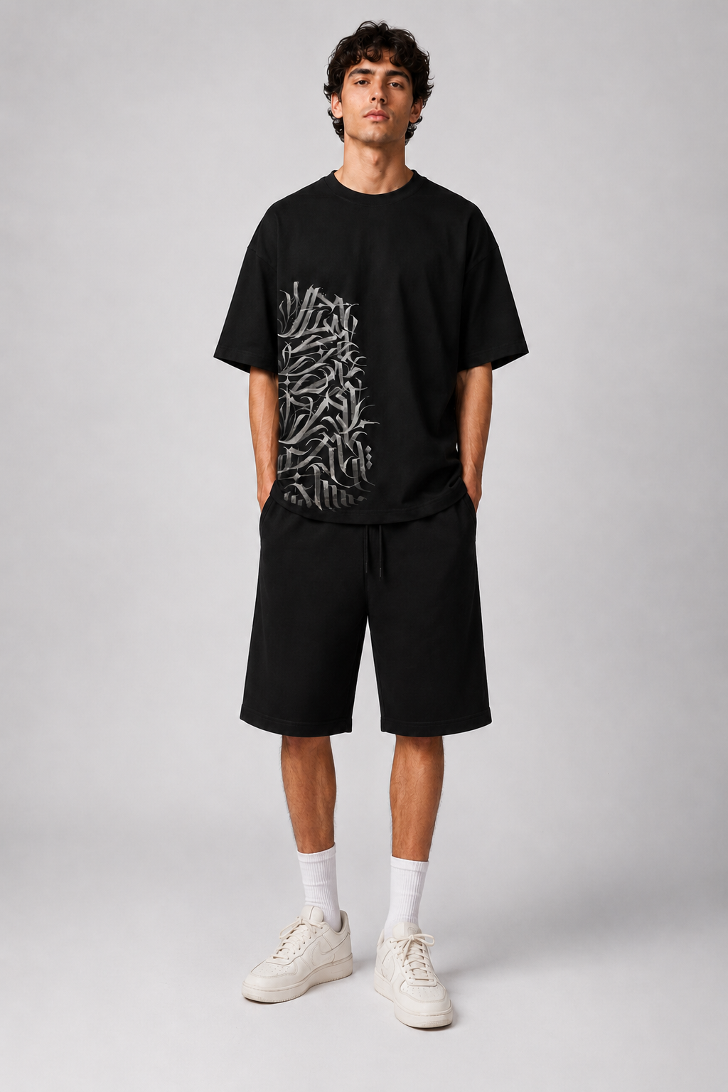 Fine Jersey Gothic Calligraphy Print Drop Shoulder T-Shirt
