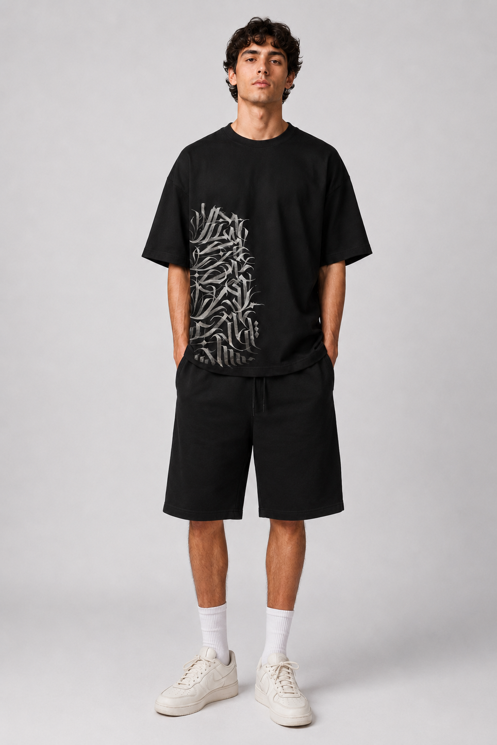 Fine Jersey Gothic Calligraphy Print Drop Shoulder T-Shirt